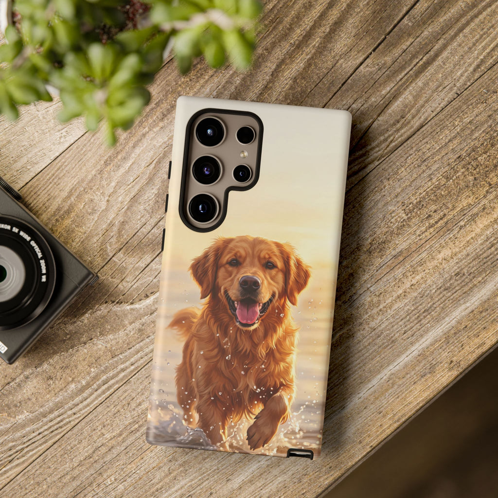 Golden Retriever Splashing in Water Phone Case | Joyful Dog at Golden Hour | iPhone & Samsung