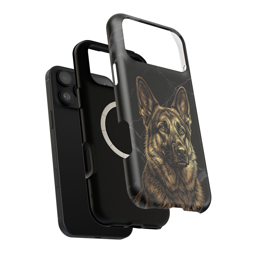 German Shepherd Phone Case | Black Marble Gold Sketch Art — Tough Magnetic Case with Wireless Charging