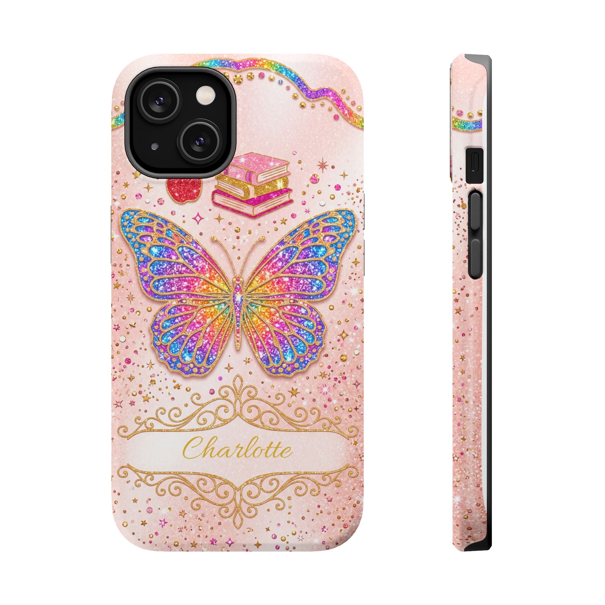Blush Glitter Butterfly Personalized Teacher Phone Case — Wireless Charging Cover