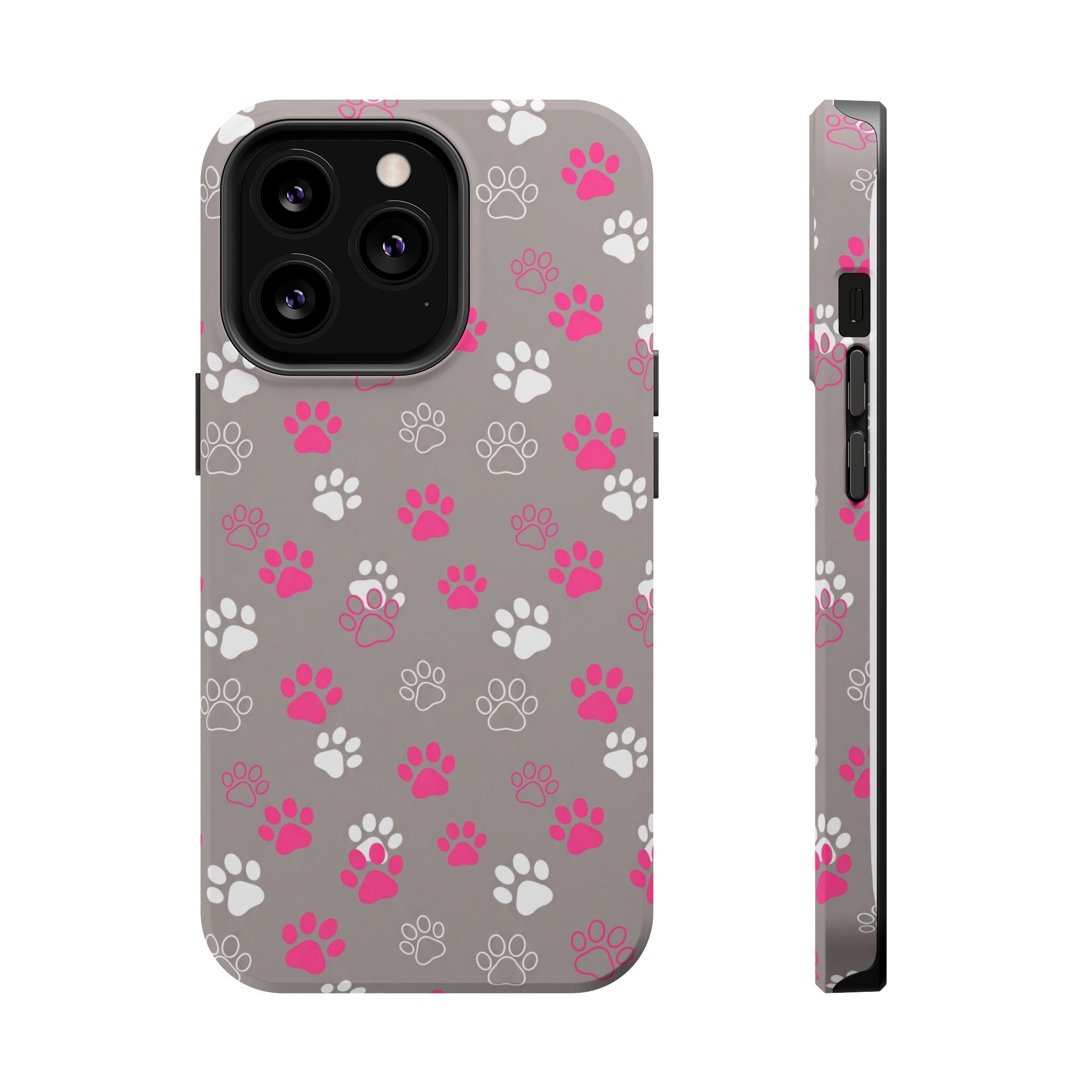 Pink & White Paw Print Phone Case — Impact-Resistant Wireless Charging Cover