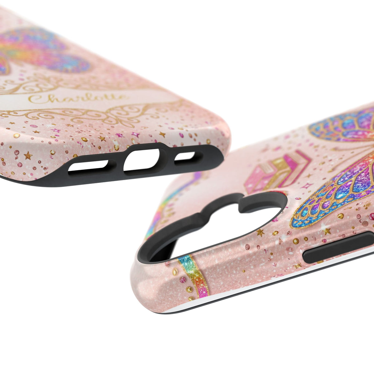 Blush Glitter Butterfly Personalized Teacher Phone Case — Wireless Charging Cover