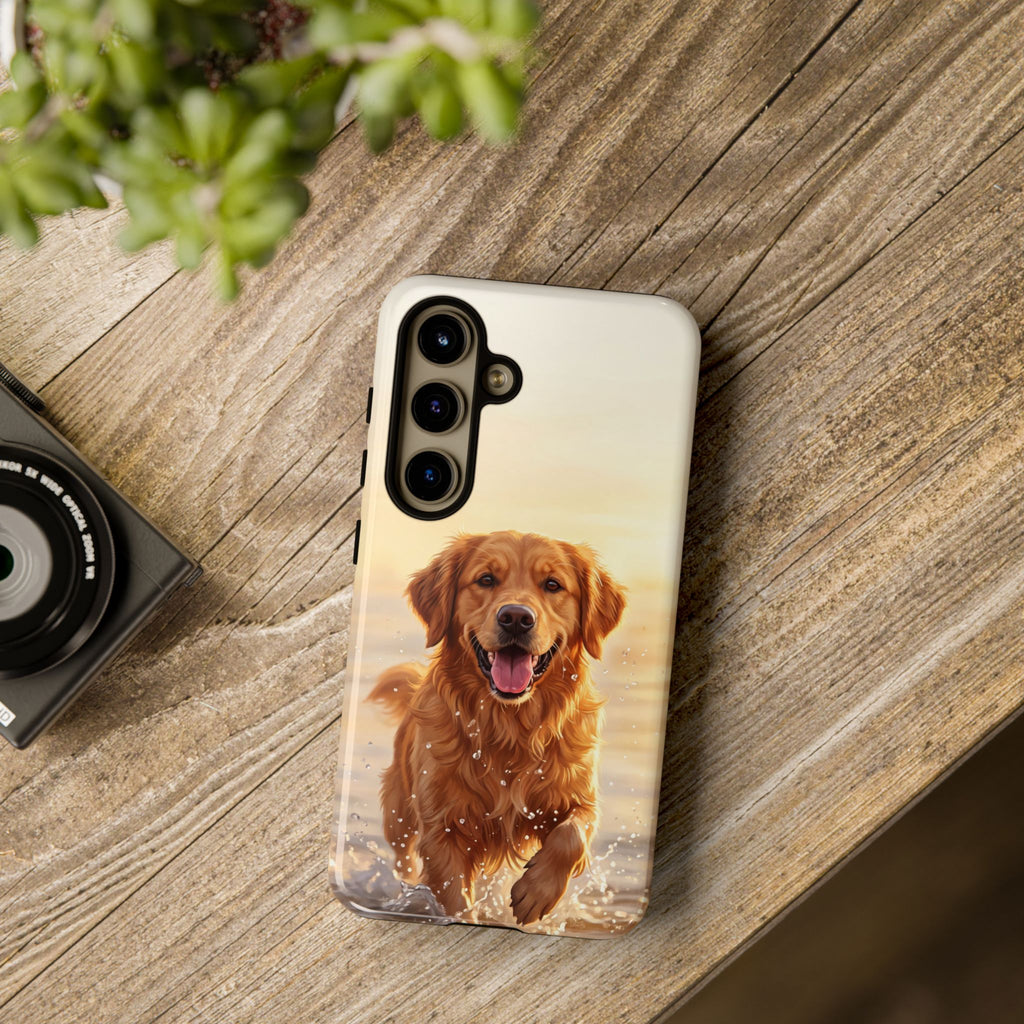 Golden Retriever Splashing in Water Phone Case | Joyful Dog at Golden Hour | iPhone & Samsung