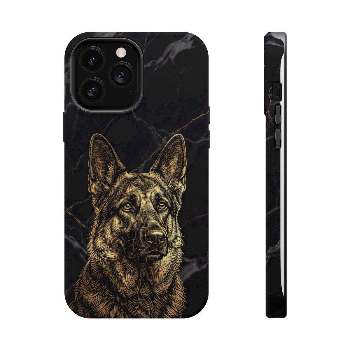 German Shepherd Phone Case | Black Marble Gold Sketch Art — Tough Magnetic Case with Wireless Charging