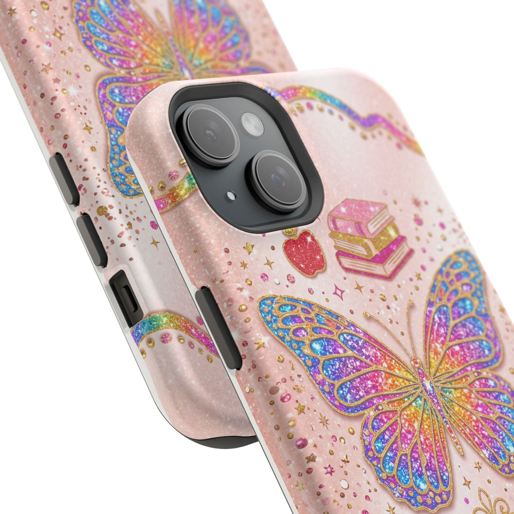Blush Glitter Butterfly Personalized Teacher Phone Case — Wireless Charging Cover