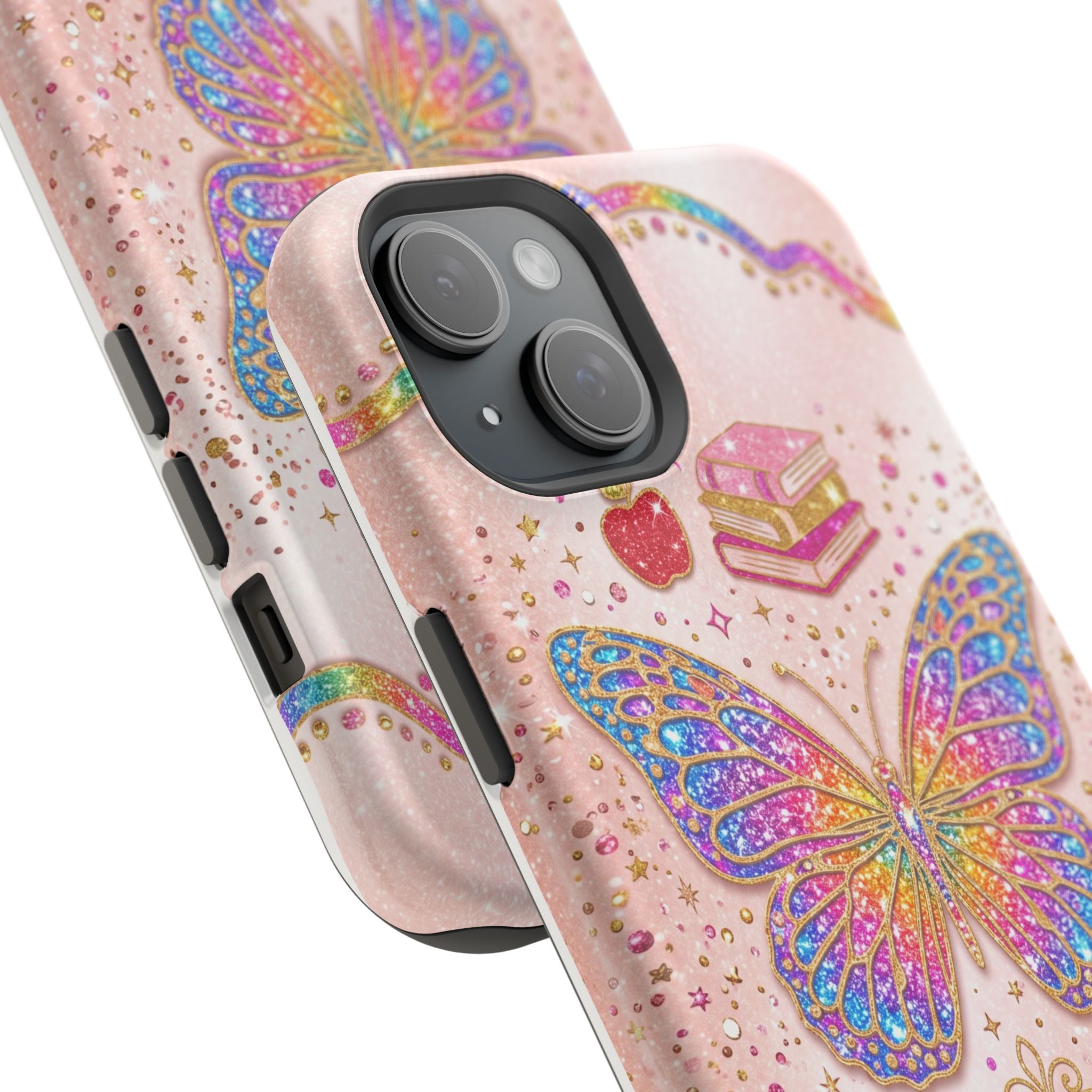 Blush Glitter Butterfly Personalized Teacher Phone Case — Wireless Charging Cover