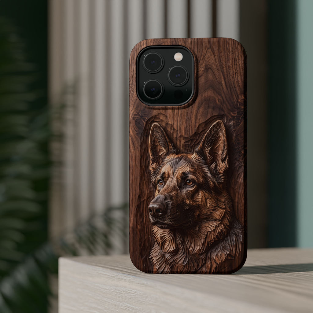German Shepherd Phone Case | Carved Walnut Art — Tough Magnetic Case with Wireless Charging