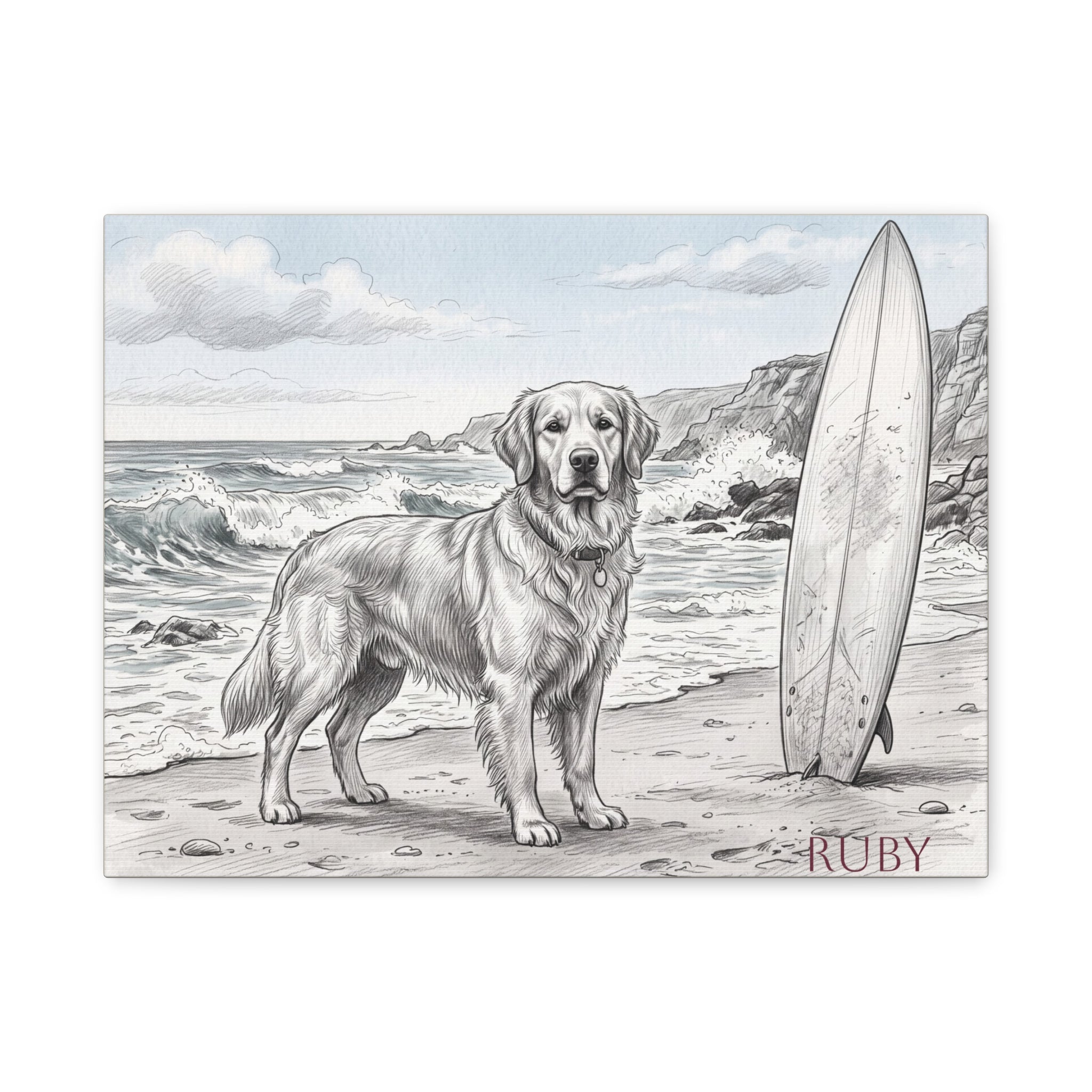 Golden Retriever Beach Sketch Personalized Canvas | Coastal Surf Wall Art
