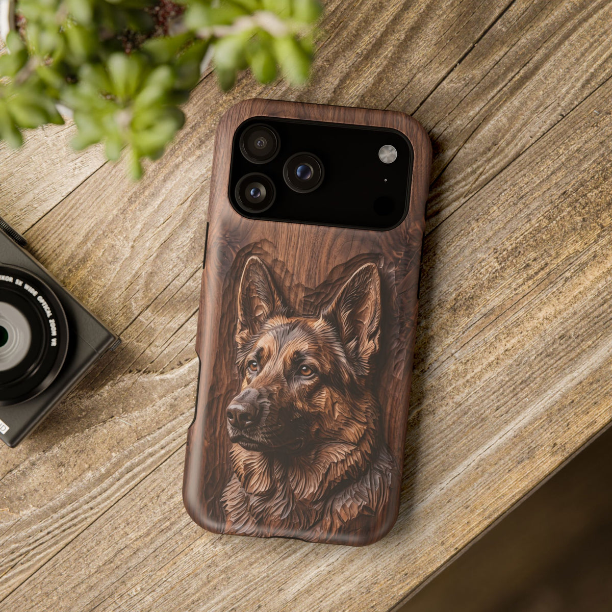 German Shepherd Phone Case | Carved Walnut Art — Tough Magnetic Case with Wireless Charging