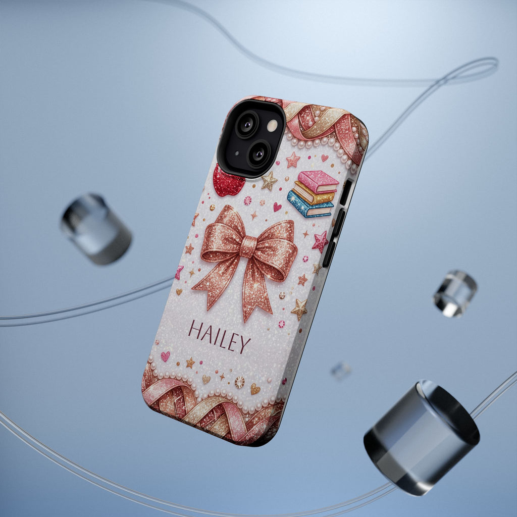 Rose Gold Glitter Bow Personalized Teacher Phone Case — Wireless Charging Cover