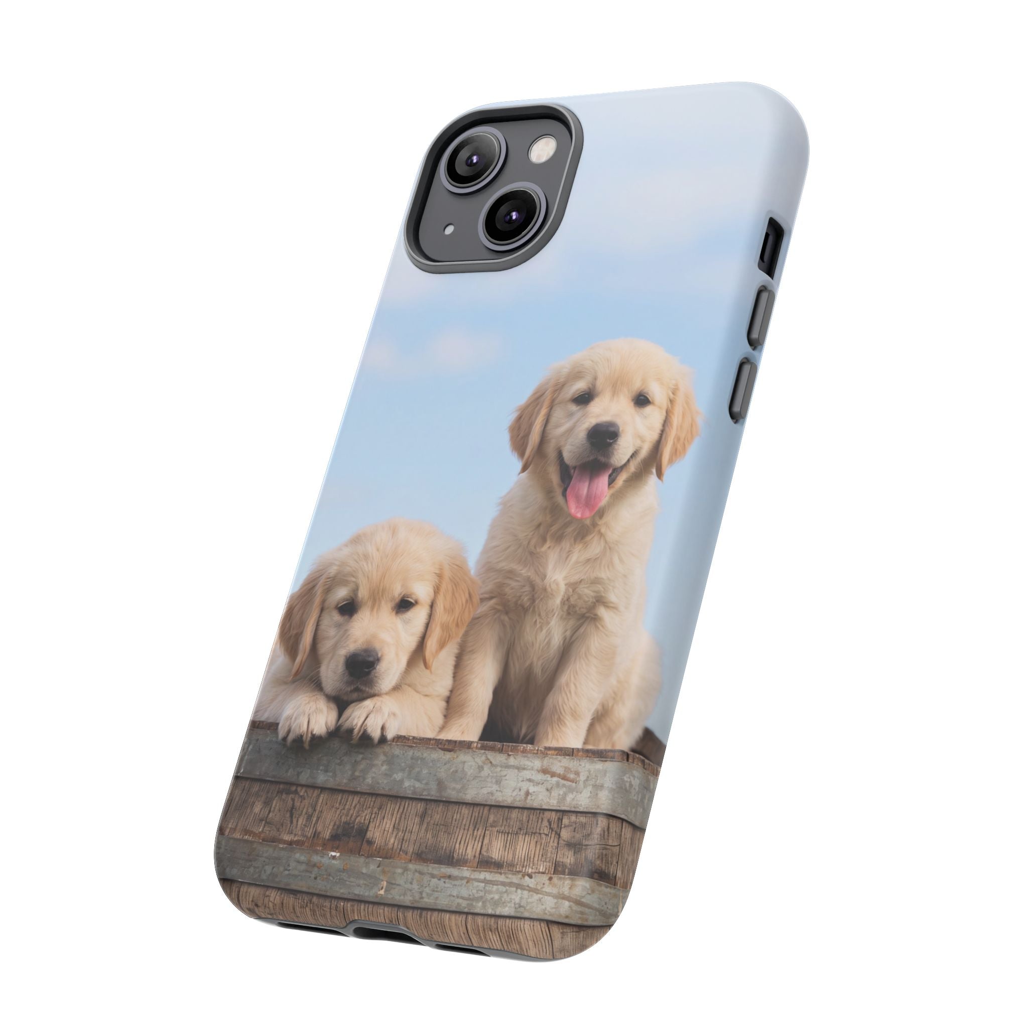 Golden Retriever Puppies on Barrel Phone Case | Cute Duo Under Blue Sky | iPhone & Samsung