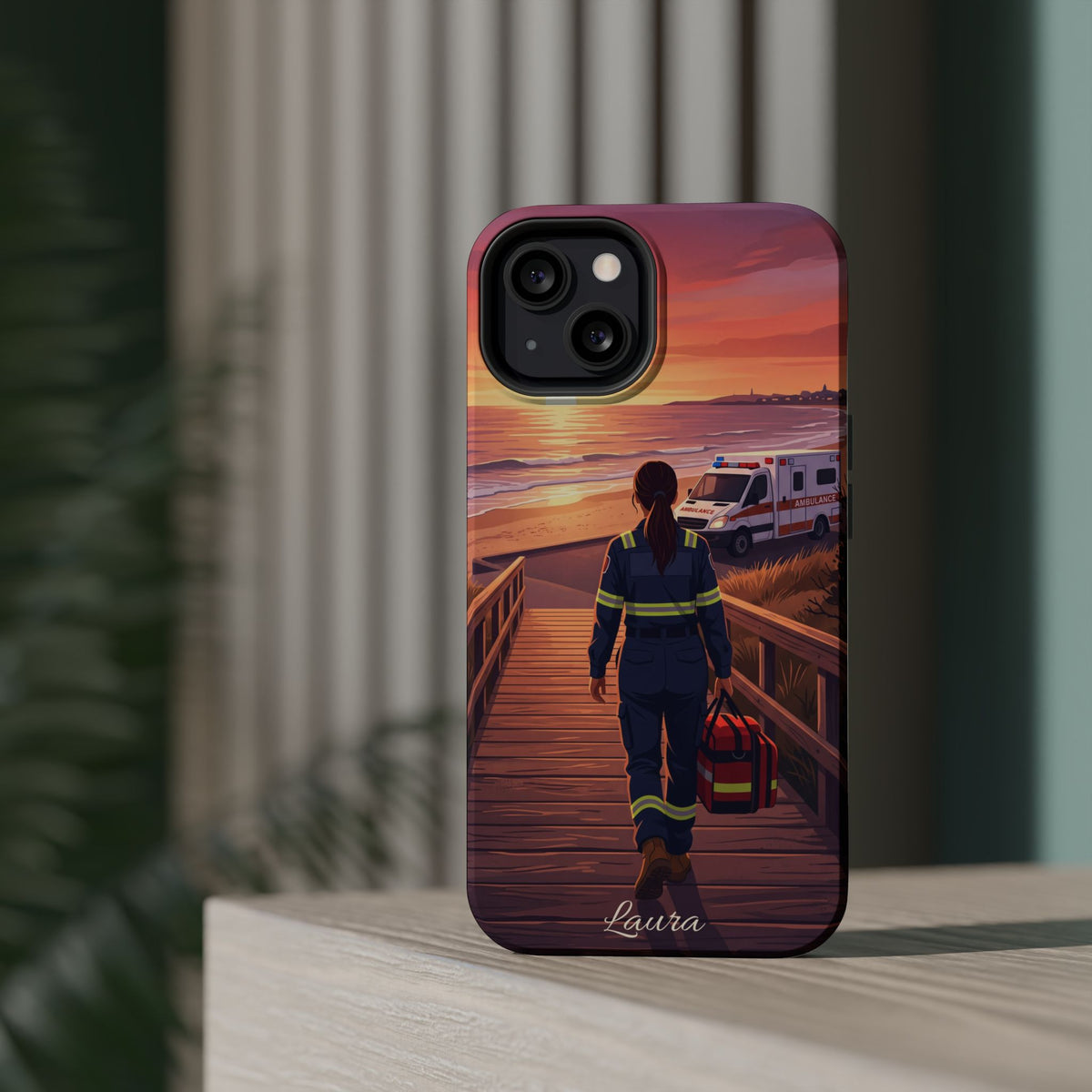 Sunset Boardwalk Personalized Paramedic Phone Case — Wireless Charging Cover