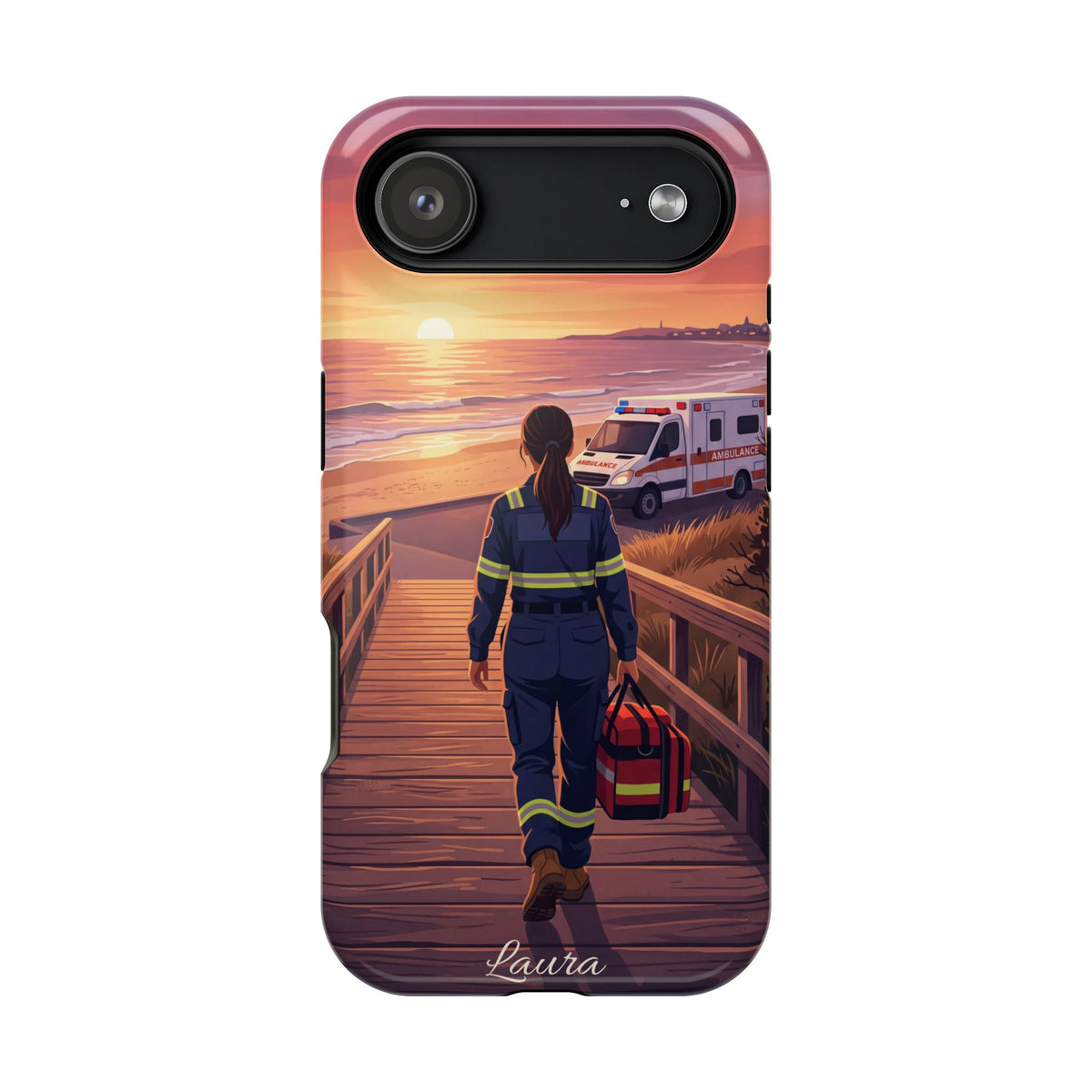Sunset Boardwalk Personalized Paramedic Phone Case — Wireless Charging Cover