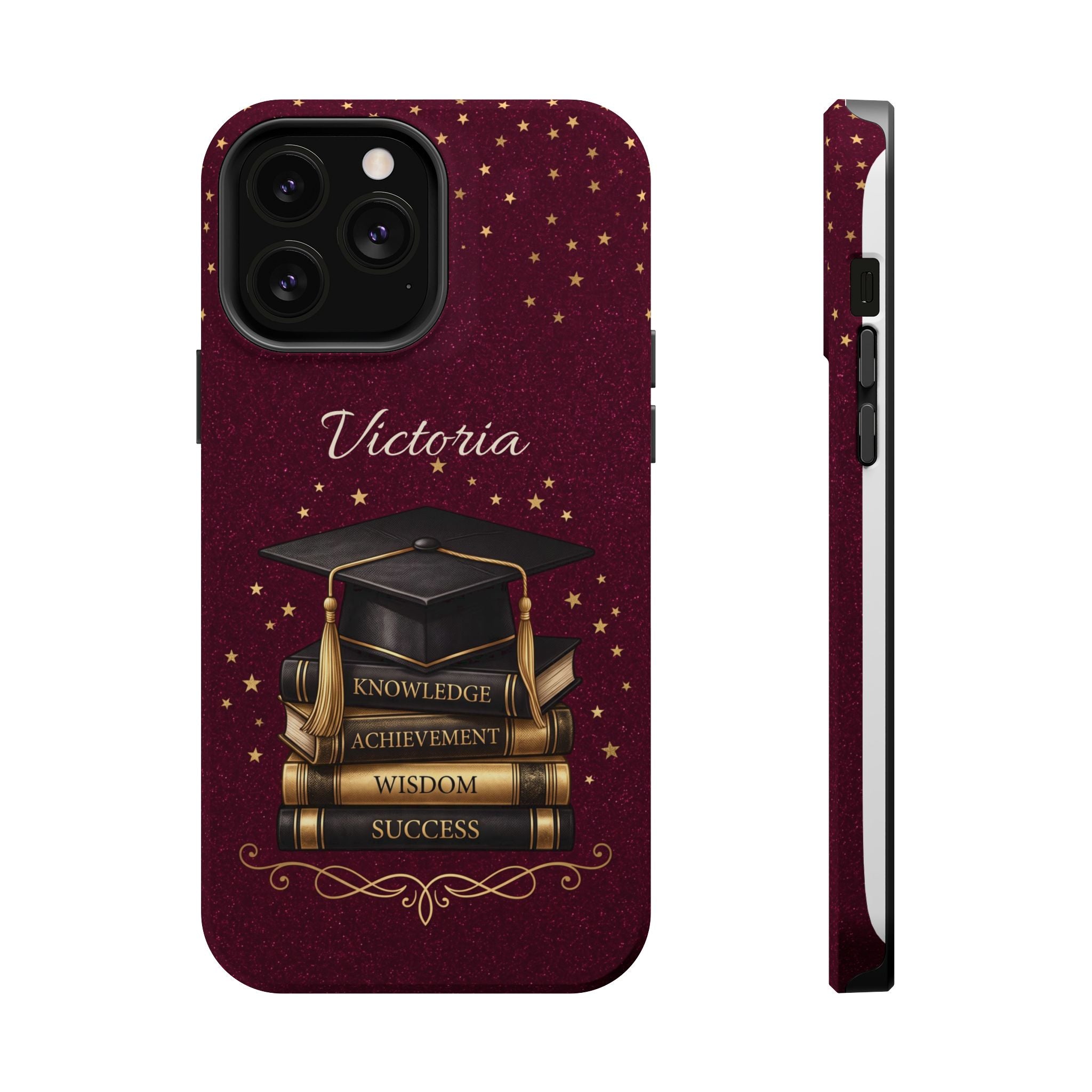 Graduation Cap & Books Personalized Teacher Phone Case — Wireless Charging Cover
