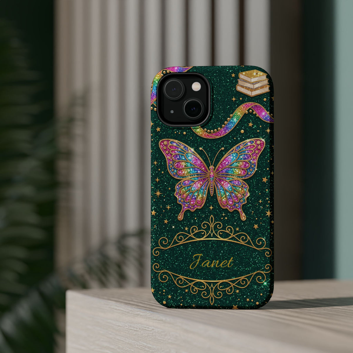 Rainbow Glitter Butterfly Personalized Teacher Phone Case — Wireless Charging Cover