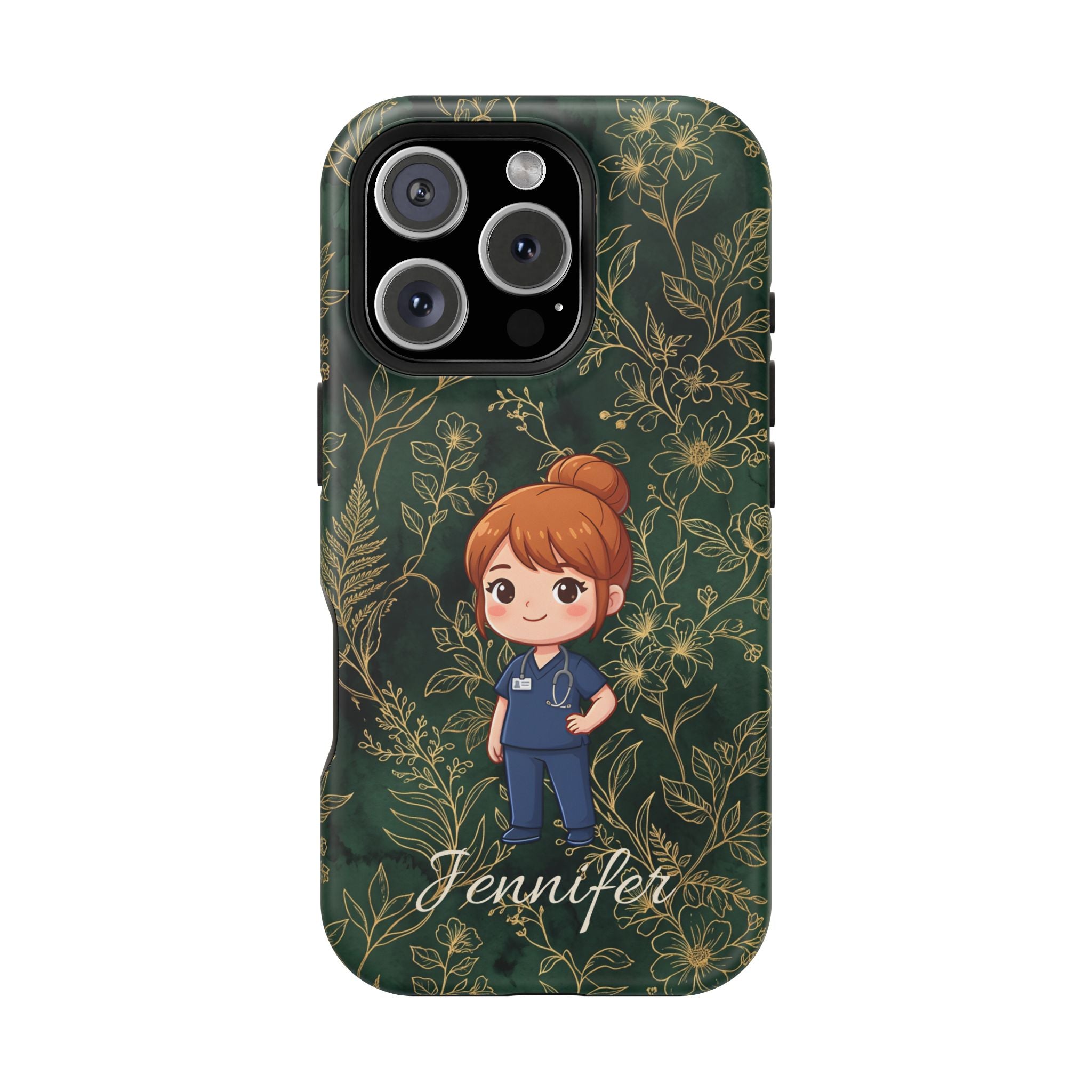 Personalized Nurse Botanical Phone Case — Impact-Resistant Wireless Charging Cover
