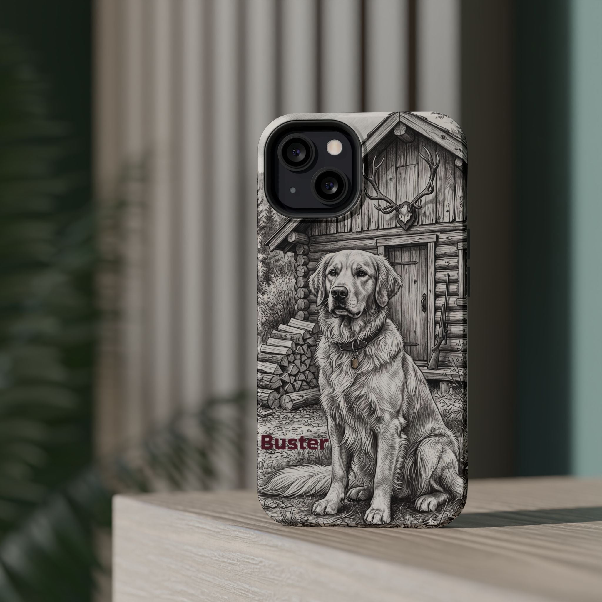 Personalized Golden Retriever Cabin Porch Phone Case — Wireless Charging Cover