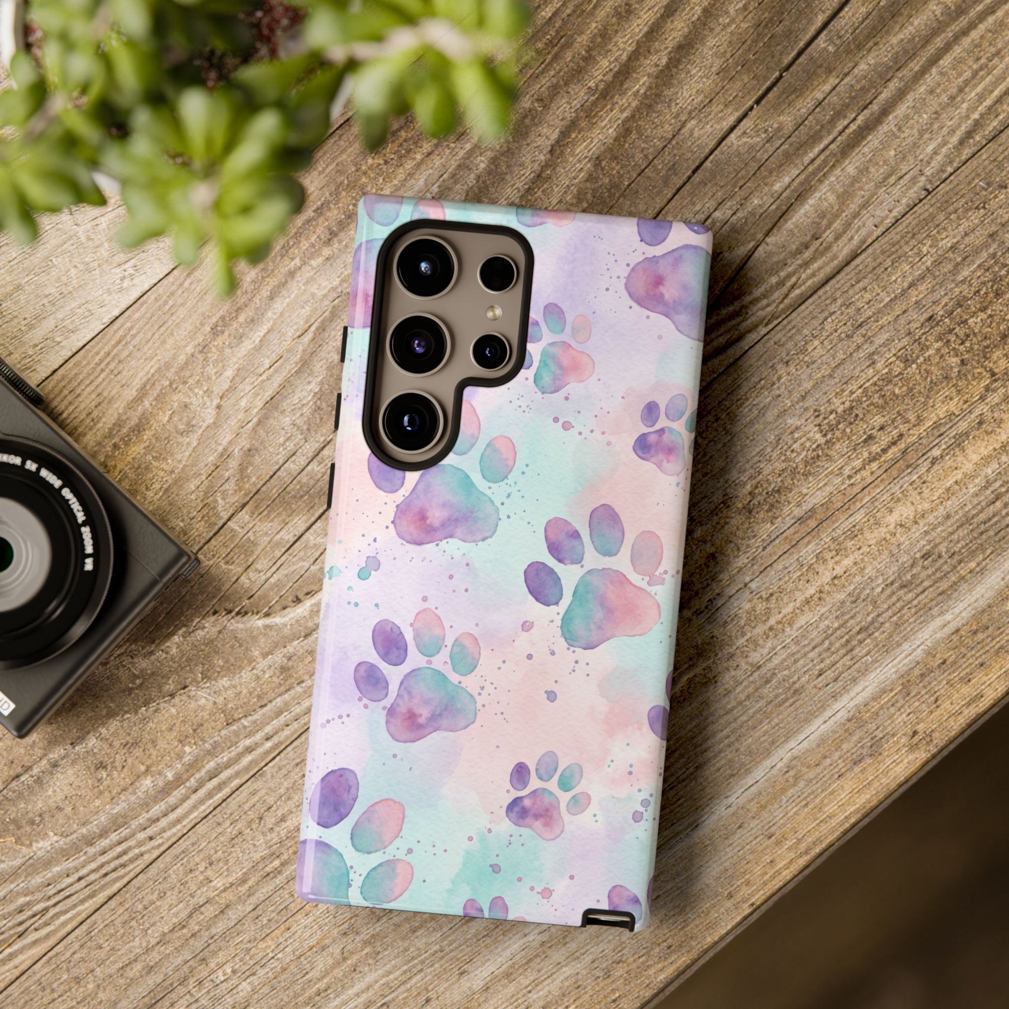 Watercolor Paw Print Phone Case | Pastel Purple, Teal & Pink Artistic Pattern | Samsung & iPhone