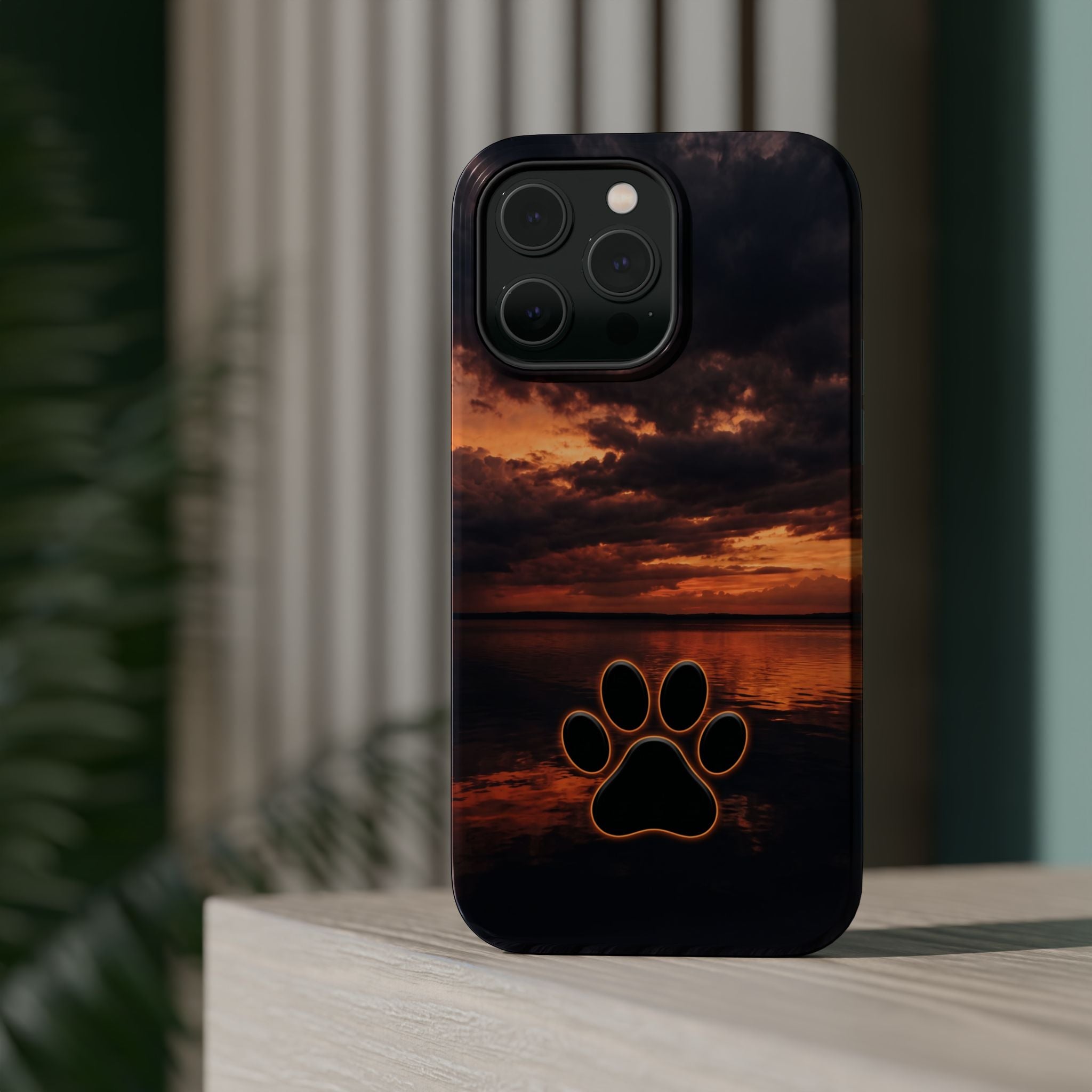 Sunset Paw Print Phone Case — Impact-Resistant Wireless Charging Cover