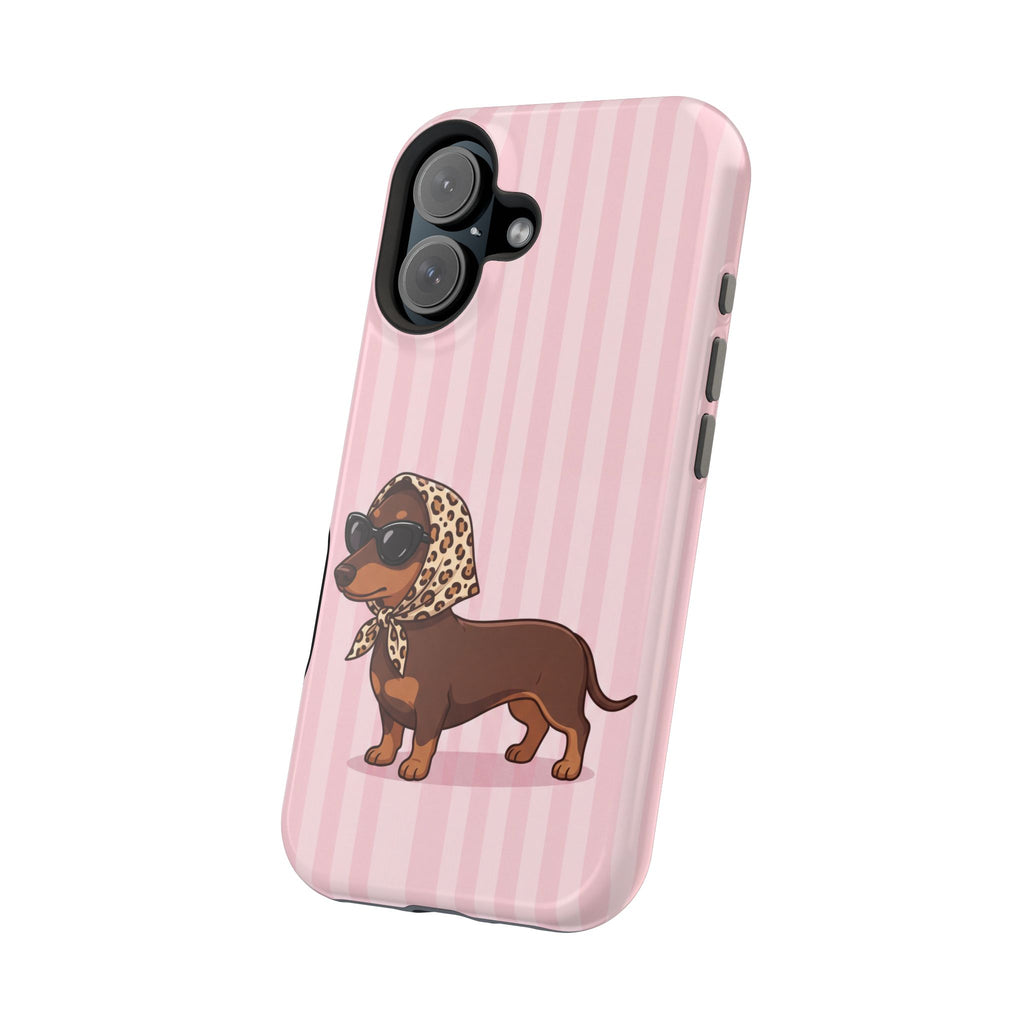 Glam Dachshund Phone Case | Cute Sausage Dog in Leopard Scarf & Sunglasses | Pink Stripe Case for iPhone & Samsung