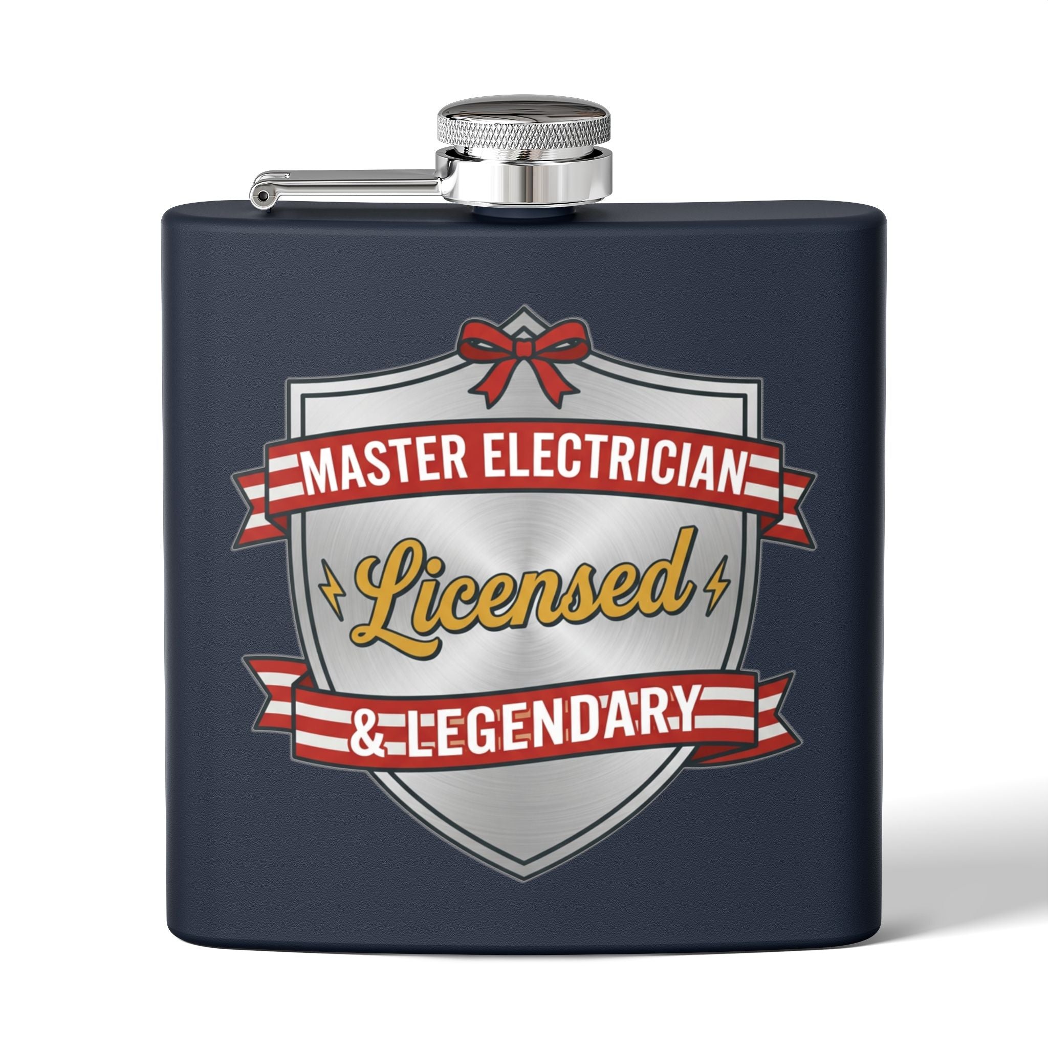 Flask — "Master Electrician: Licensed & Legendary" (Shield Badge) 6oz Stainless Steel Hip Flask