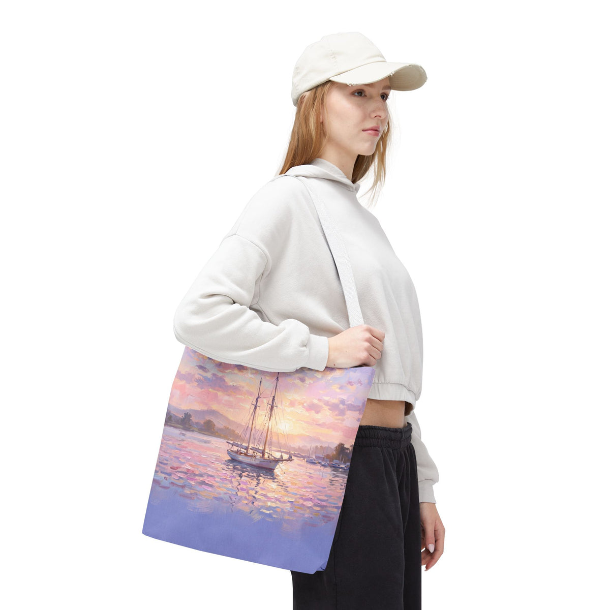 Pastel Sailboat Tote Bag – Impressionist Sunset Harbor Beach Bag