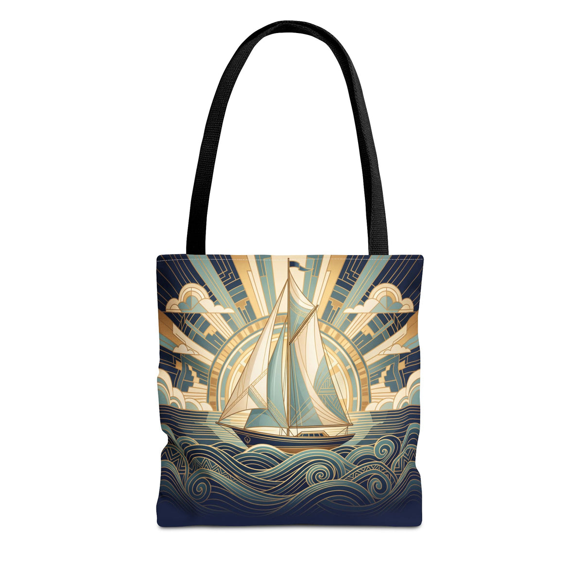 Vintage Art Deco Sailboat Tote Bag – Sunrise Swirling Waves Beach Bag