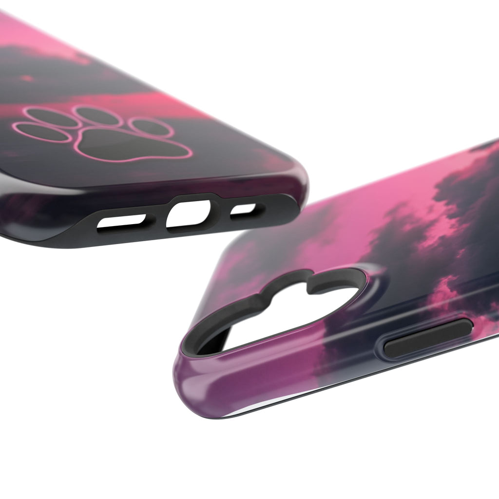 iPhone & Samsung Magnetic Impact-Resistant Phone Case — Pink Twilight Cloud with Paw Print