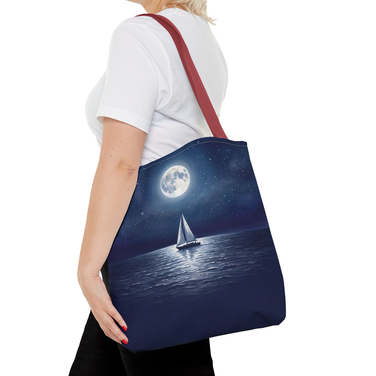 Moonlit Sailboat Tote Bag | Night Sea Sailing Art Tote for Boat Owners & Sailors