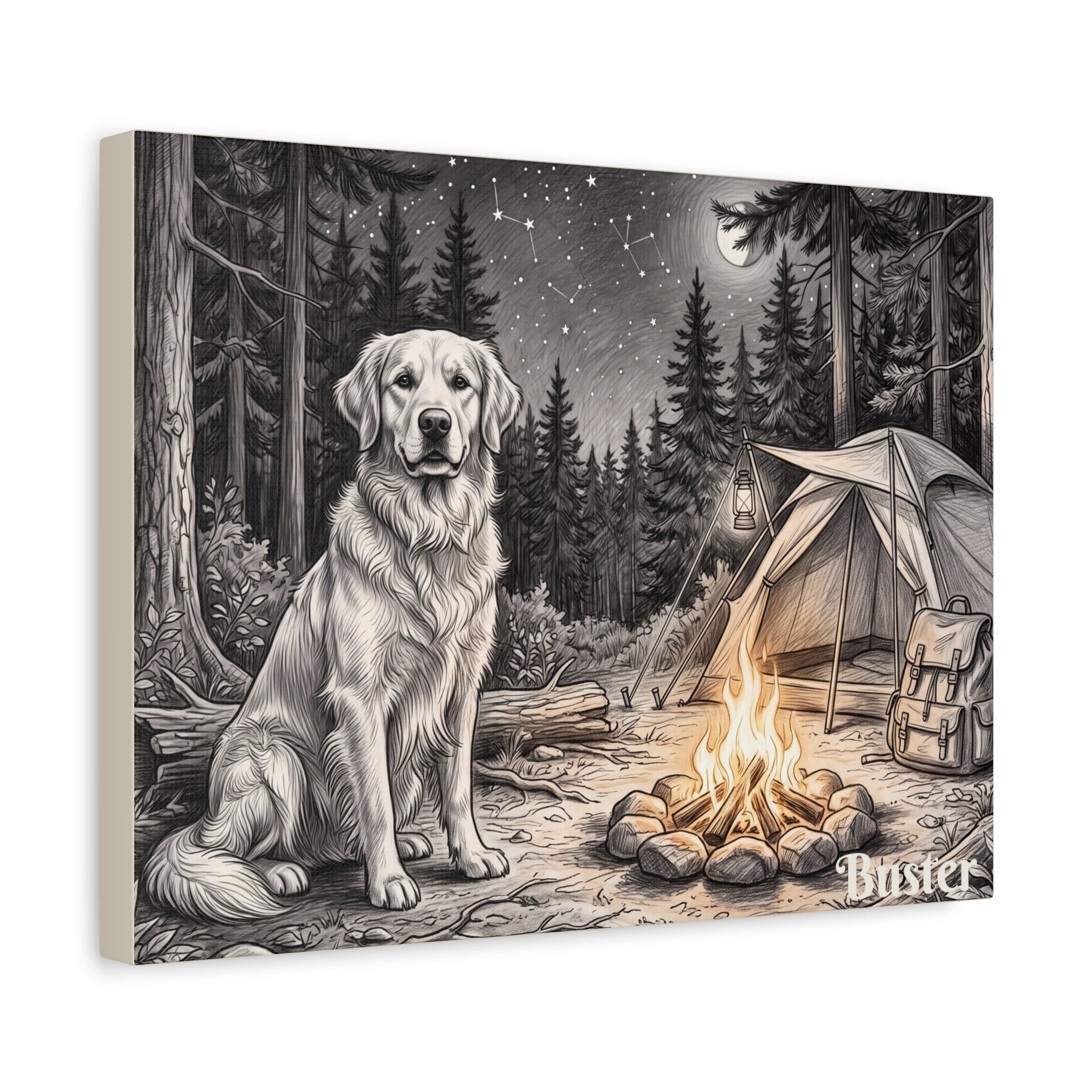 Golden Retriever Campfire Sketch Personalized Canvas | Night Camping Wall Art