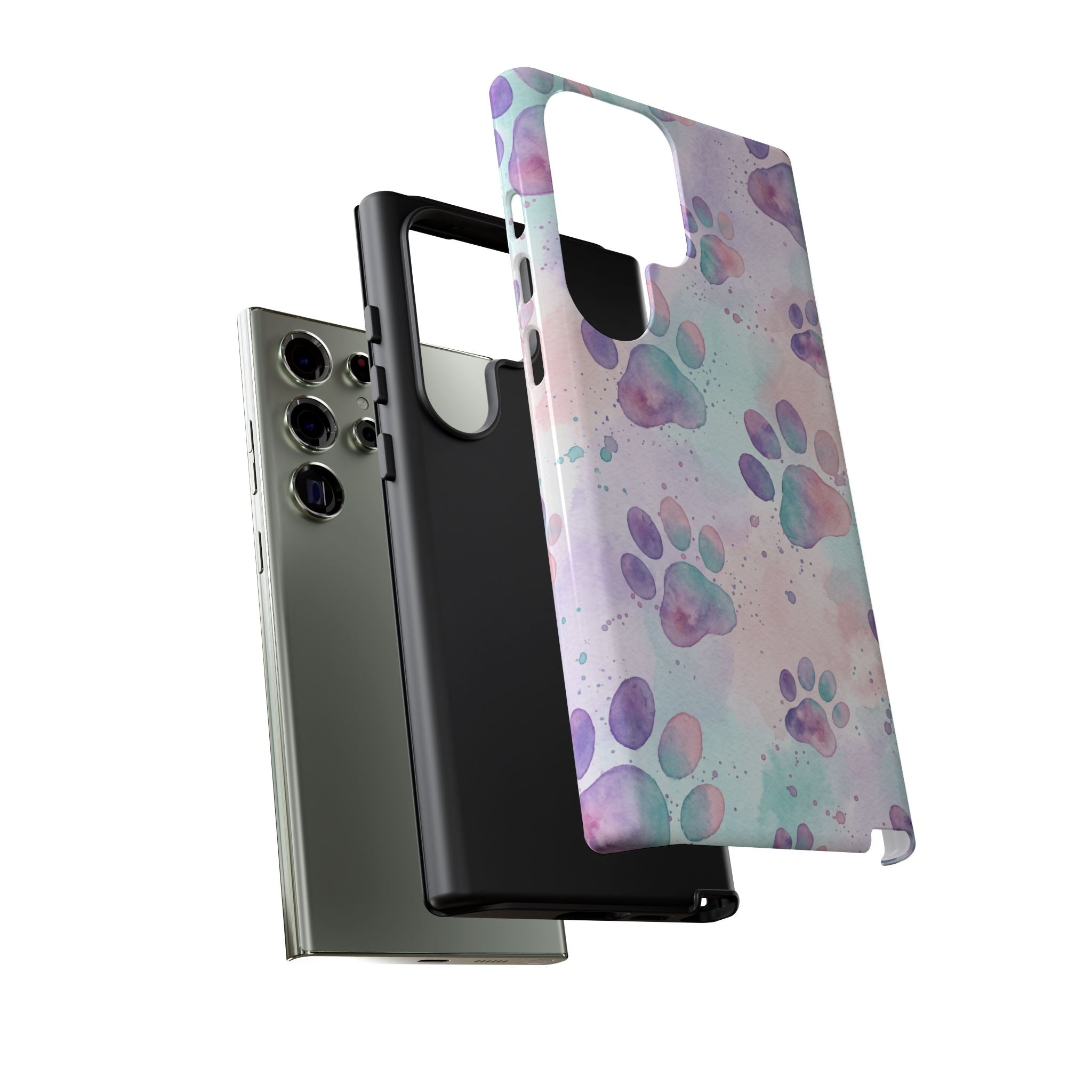 Watercolor Paw Print Phone Case | Pastel Purple, Teal & Pink Artistic Pattern | Samsung & iPhone