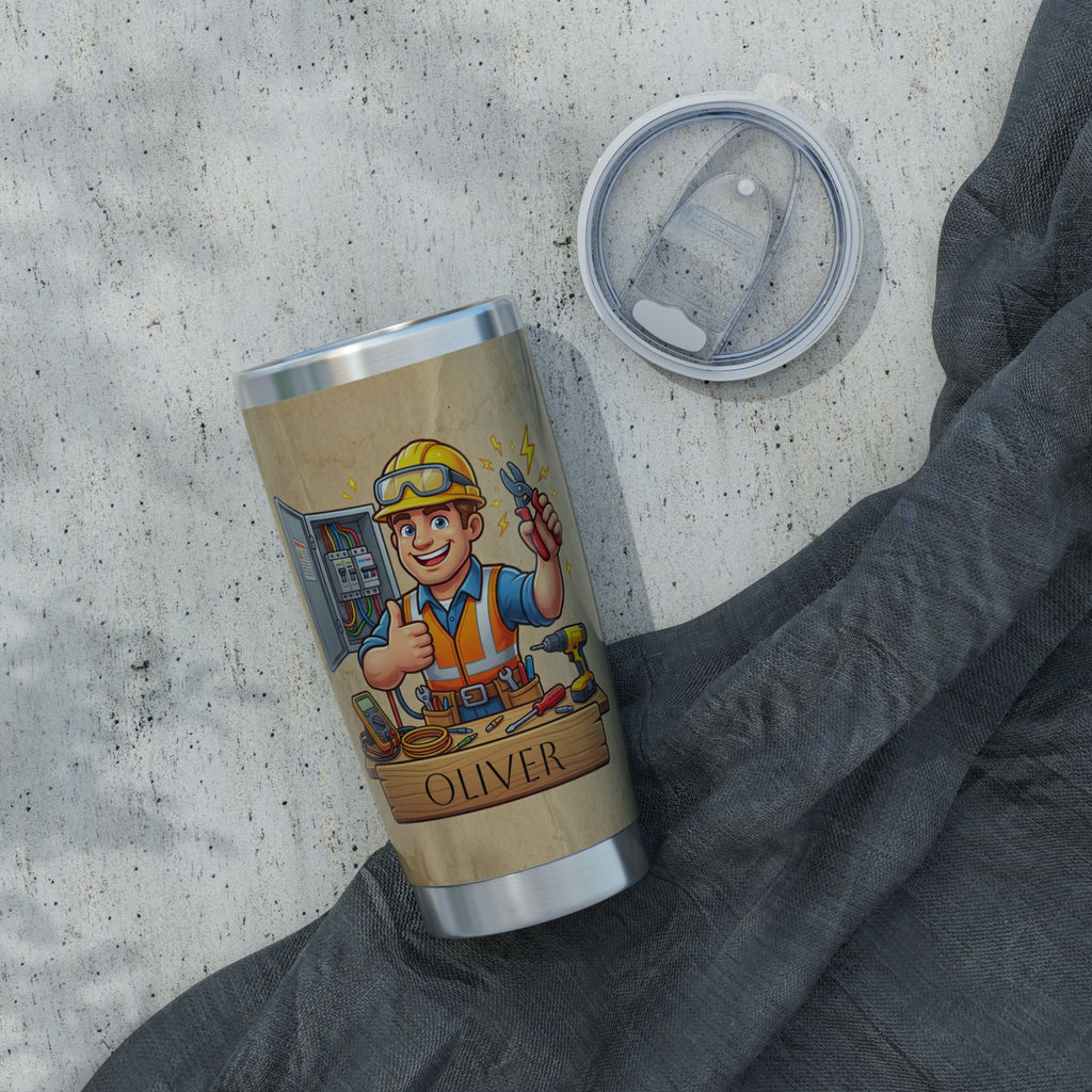 Personalized Electrician Mascot Tumbler – Custom Name Kraft Paper Design 20 oz