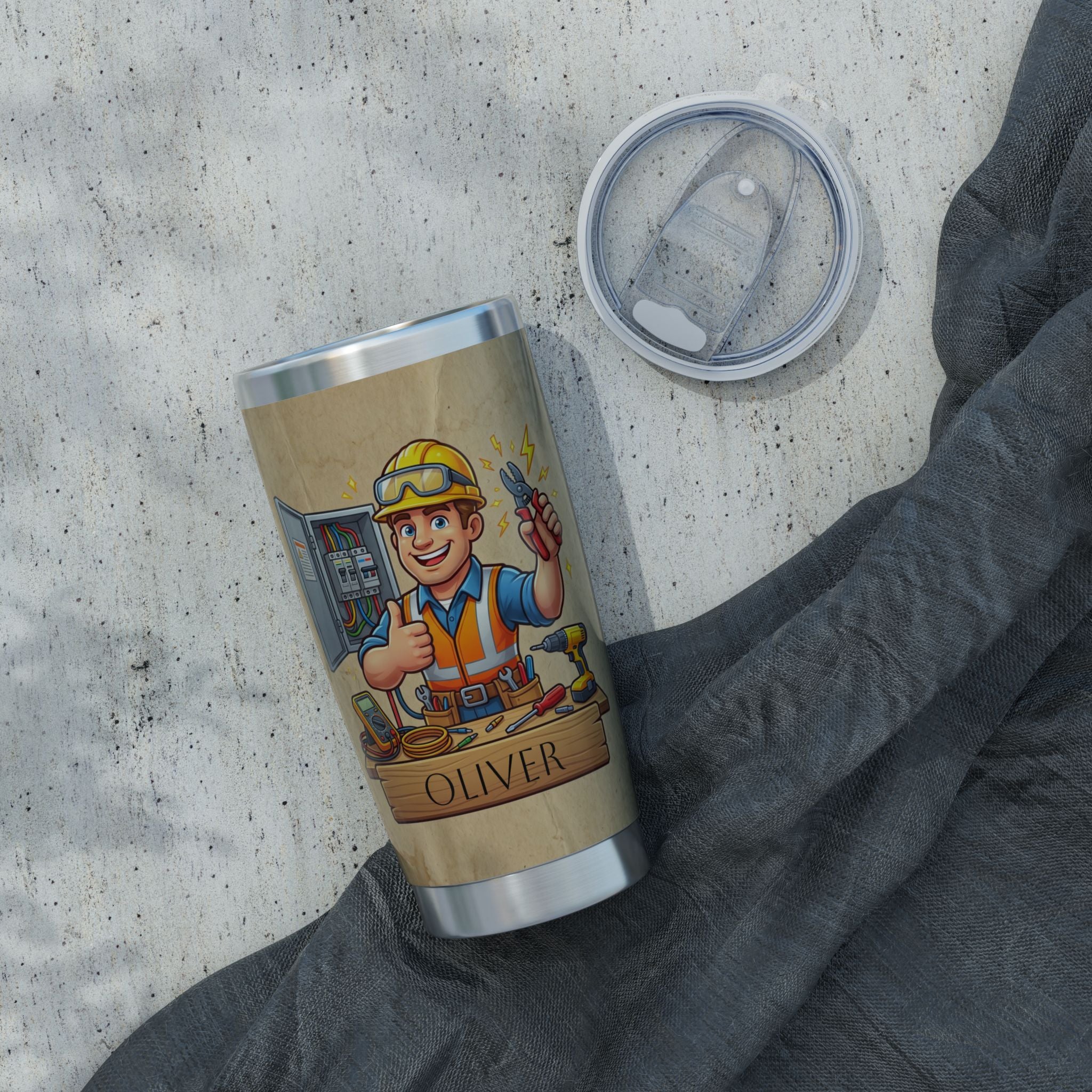 Personalized Electrician Mascot Tumbler – Custom Name Kraft Paper Design 20 oz