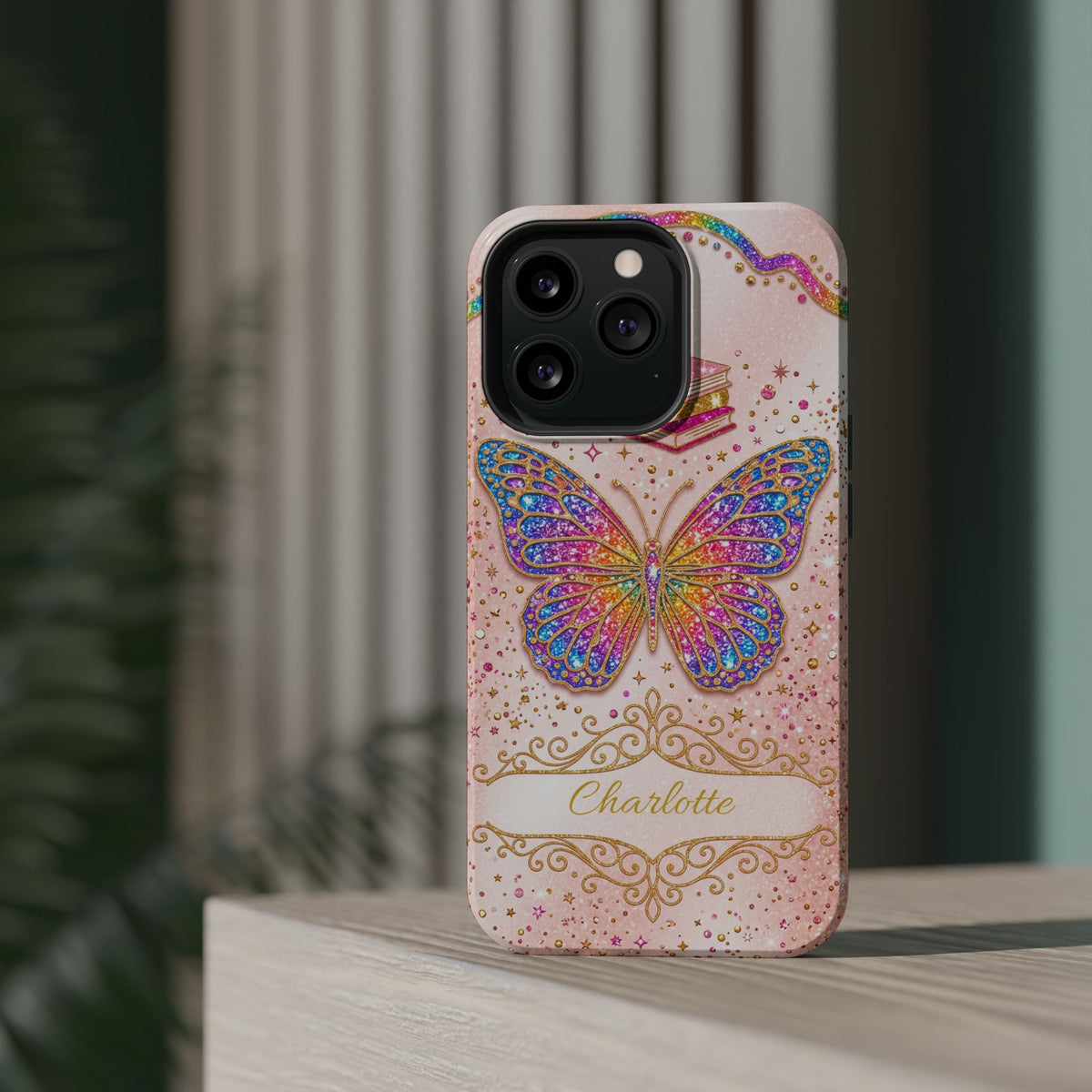 Blush Glitter Butterfly Personalized Teacher Phone Case — Wireless Charging Cover