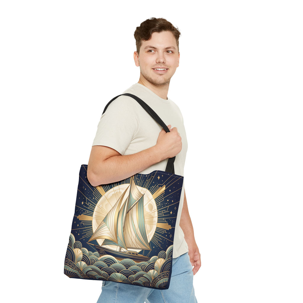 Art Deco Moonlit Sailboat Tote Bag – Starry Night Nautical Beach Bag