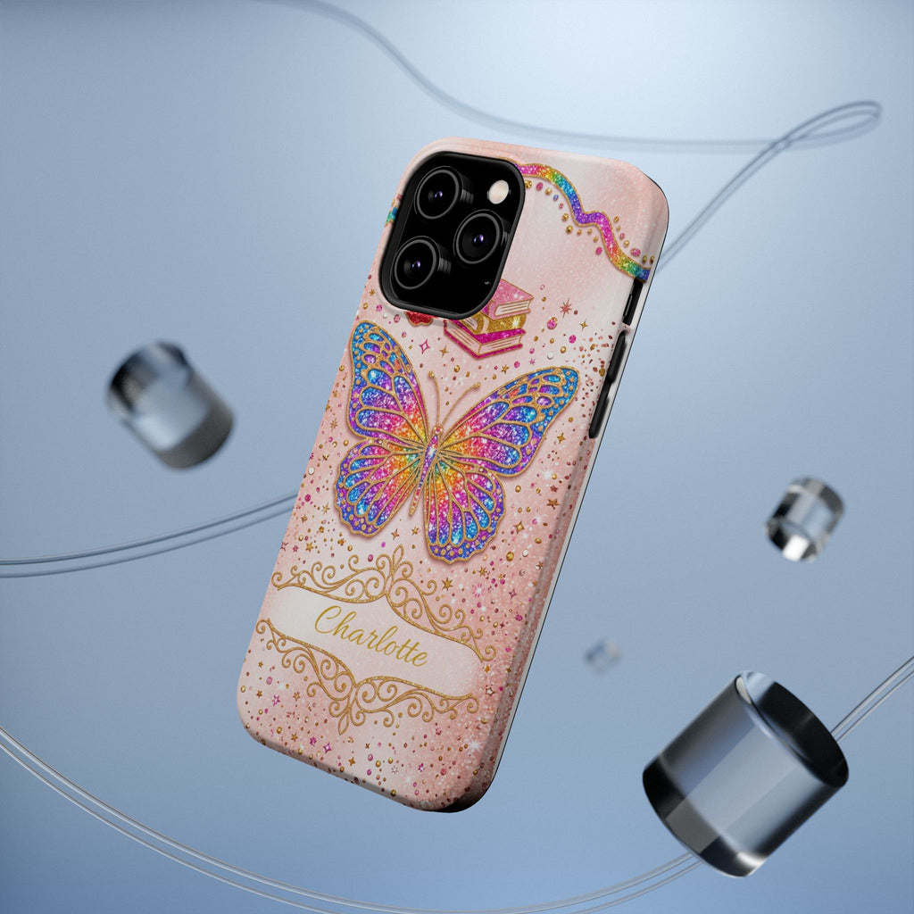 Blush Glitter Butterfly Personalized Teacher Phone Case — Wireless Charging Cover