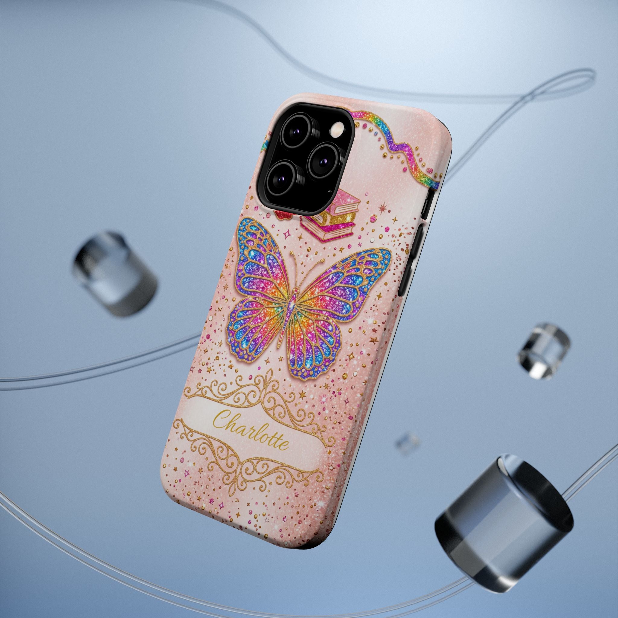 Blush Glitter Butterfly Personalized Teacher Phone Case — Wireless Charging Cover