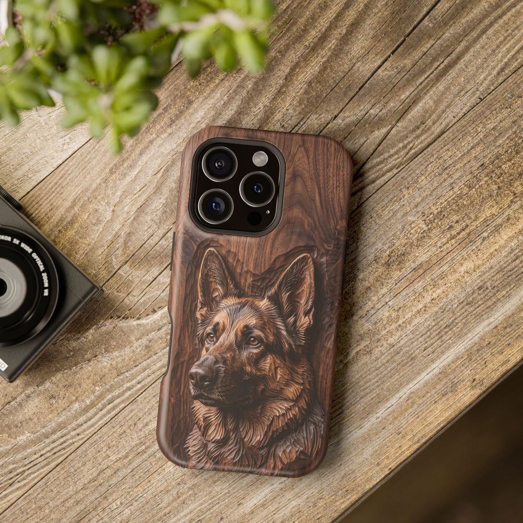 German Shepherd Phone Case | Carved Walnut Art — Tough Magnetic Case with Wireless Charging