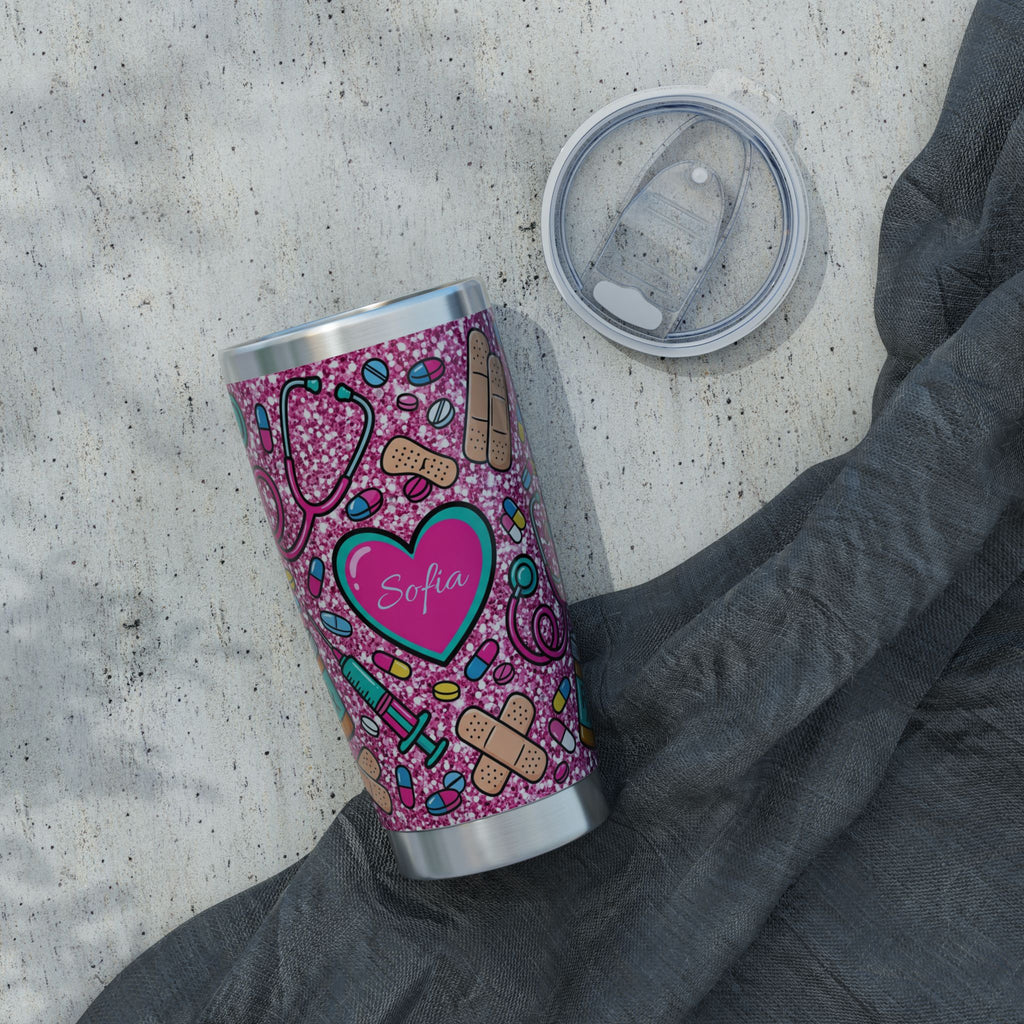Personalized Nurse Tumbler – Custom Name Pink Glitter Heart Design 20 oz