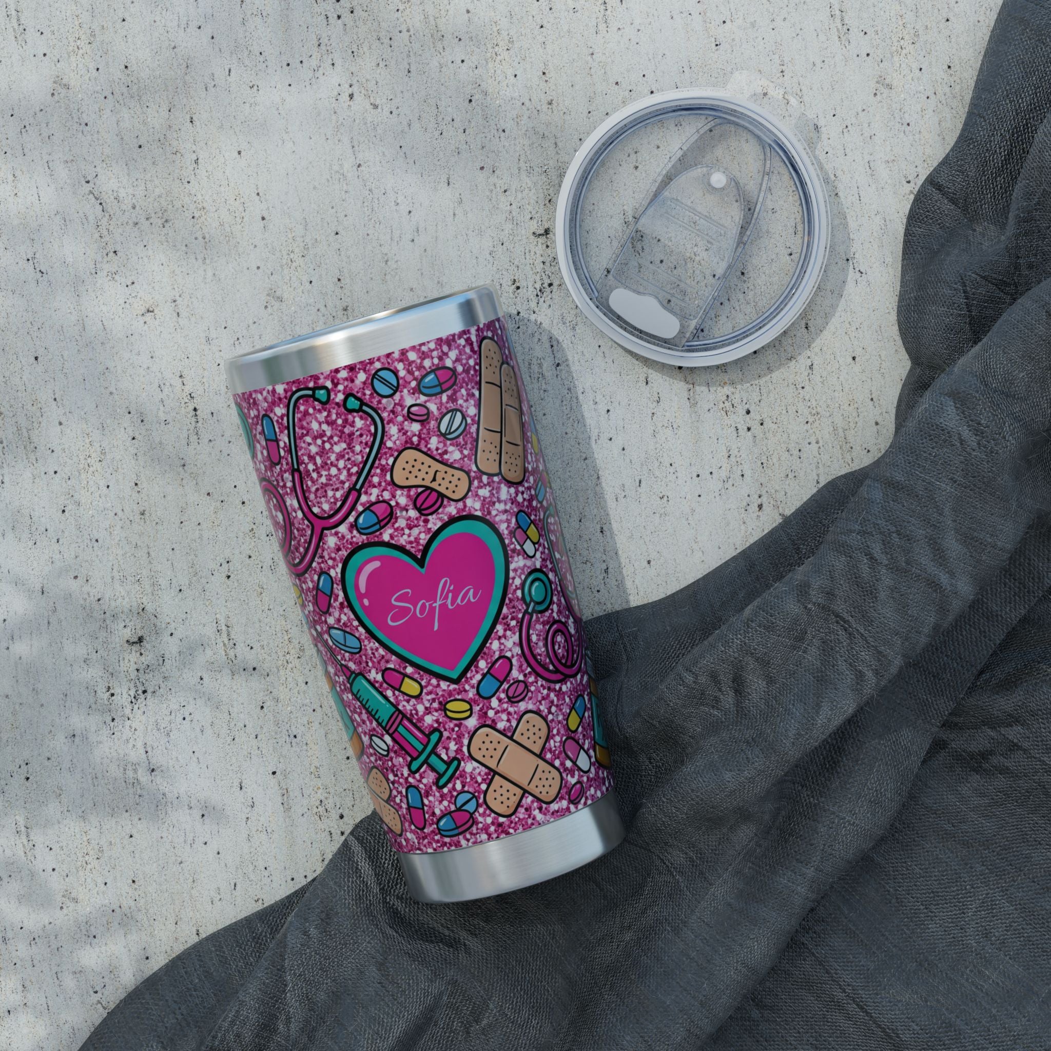 Personalized Nurse Tumbler – Custom Name Pink Glitter Heart Design 20 oz
