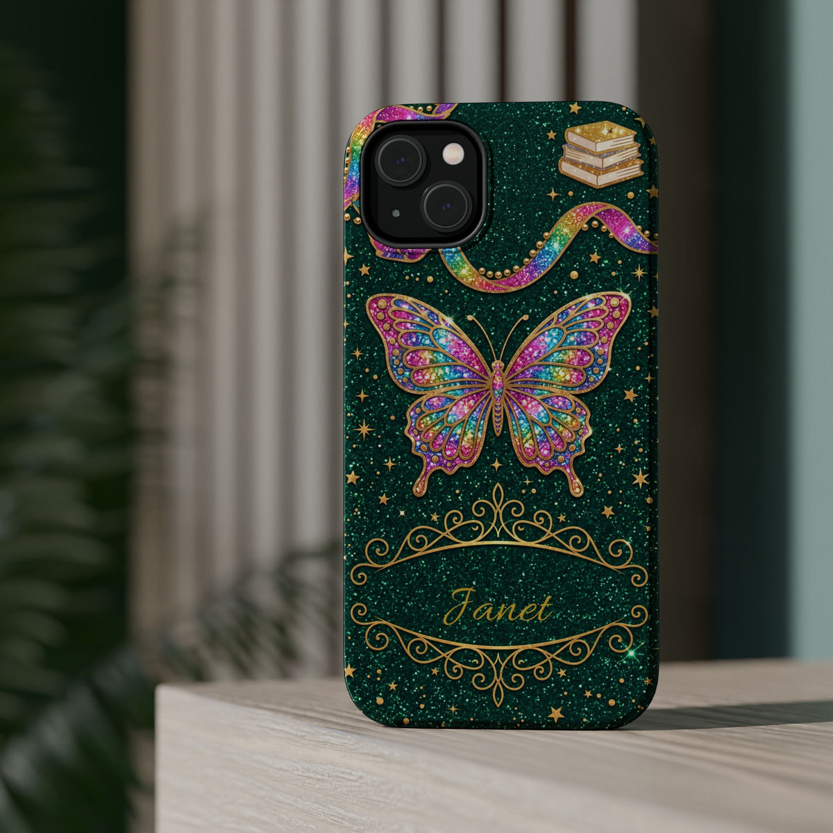 Rainbow Glitter Butterfly Personalized Teacher Phone Case — Wireless Charging Cover