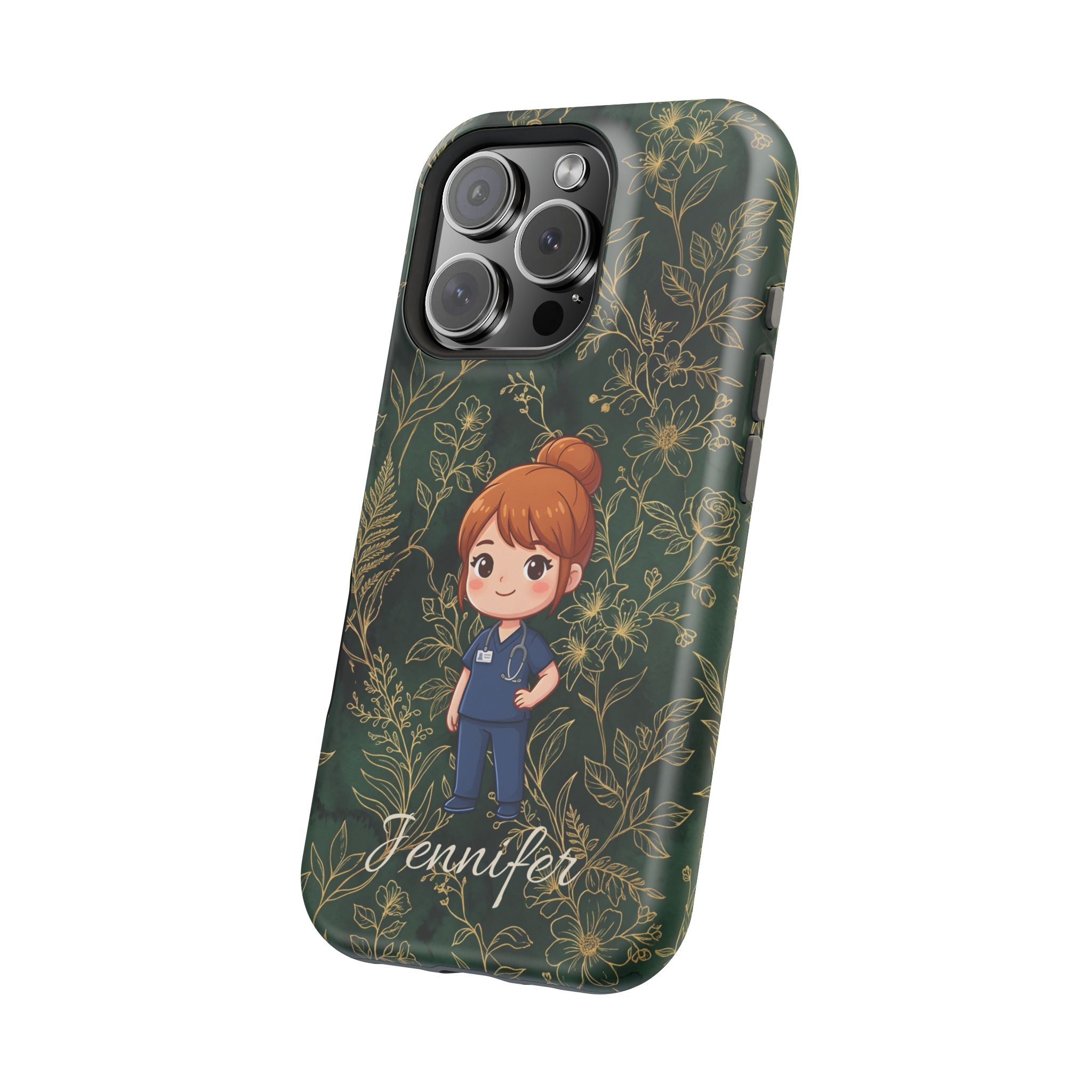 Personalized Nurse Botanical Phone Case — Impact-Resistant Wireless Charging Cover