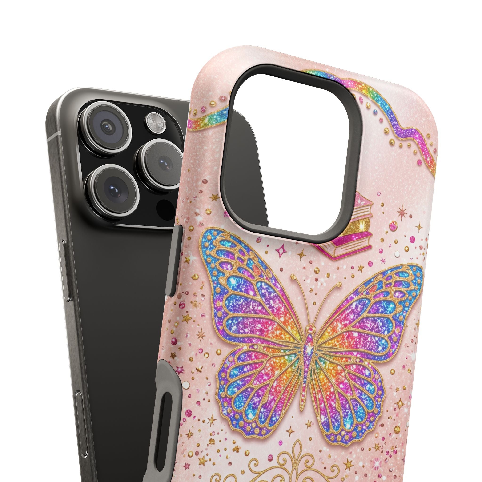 Blush Glitter Butterfly Personalized Teacher Phone Case — Wireless Charging Cover