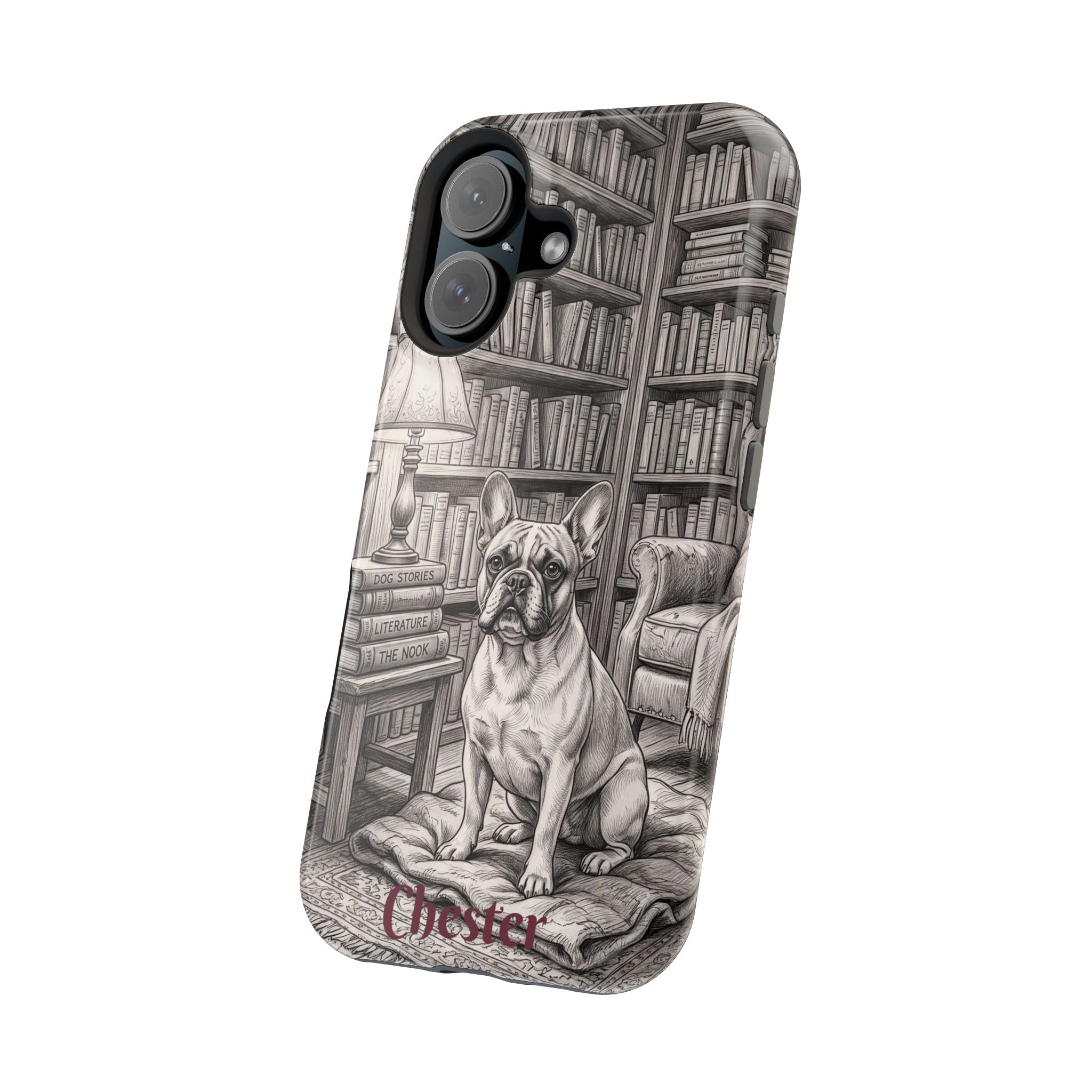 Personalized French Bulldog Library Study Phone Case — Wireless Charging Cover