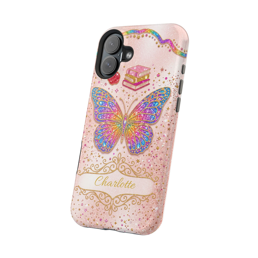 Blush Glitter Butterfly Personalized Teacher Phone Case — Wireless Charging Cover