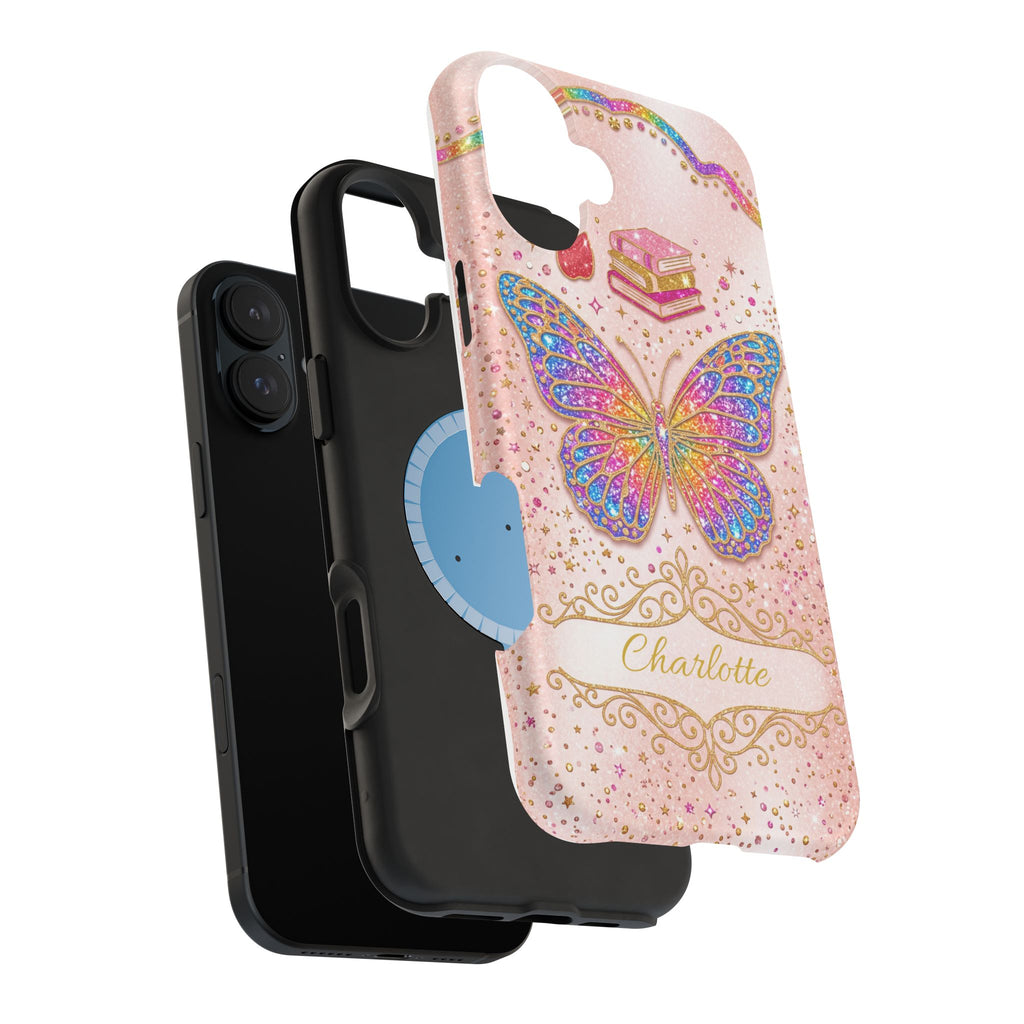 Blush Glitter Butterfly Personalized Teacher Phone Case — Wireless Charging Cover