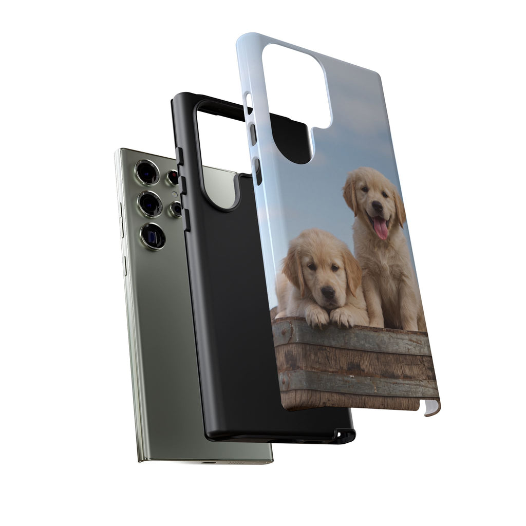 Golden Retriever Puppies on Barrel Phone Case | Cute Duo Under Blue Sky | iPhone & Samsung