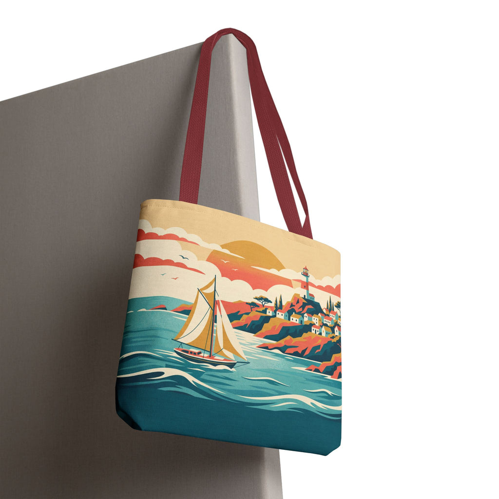 Coastal Lighthouse Sailboat Tote Bag – Retro Seaside Sunset Beach Bag