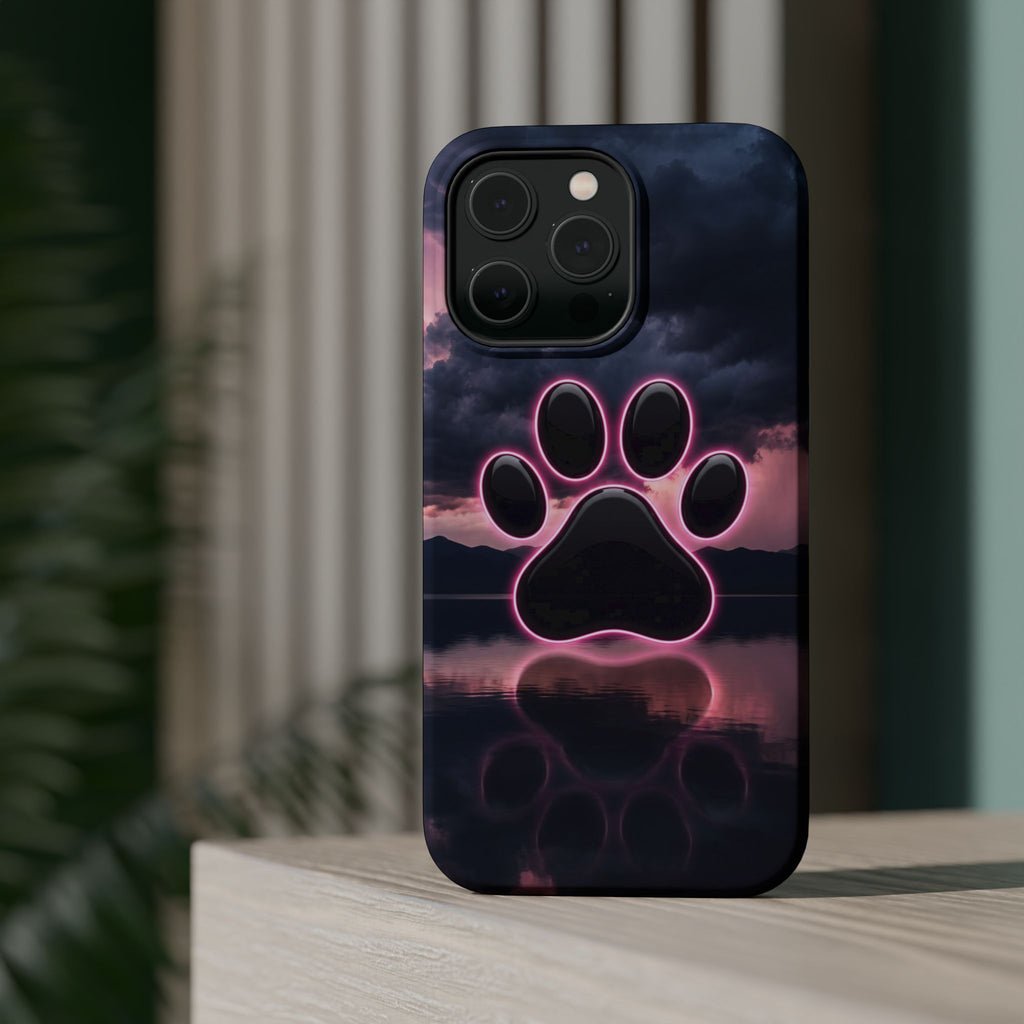 Neon Paw Print Phone Case — Impact-Resistant Wireless Charging Cover