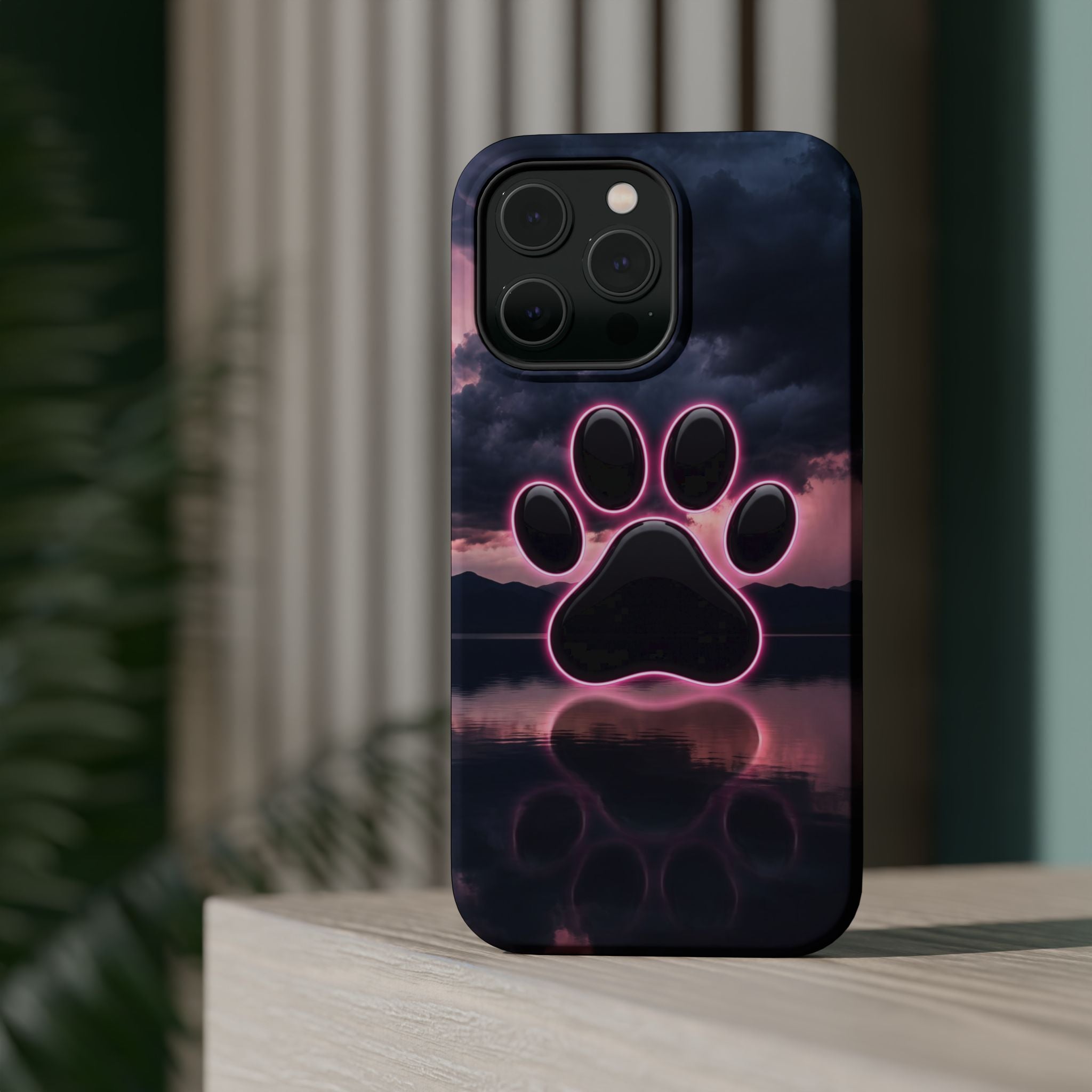 Neon Paw Print Phone Case — Impact-Resistant Wireless Charging Cover