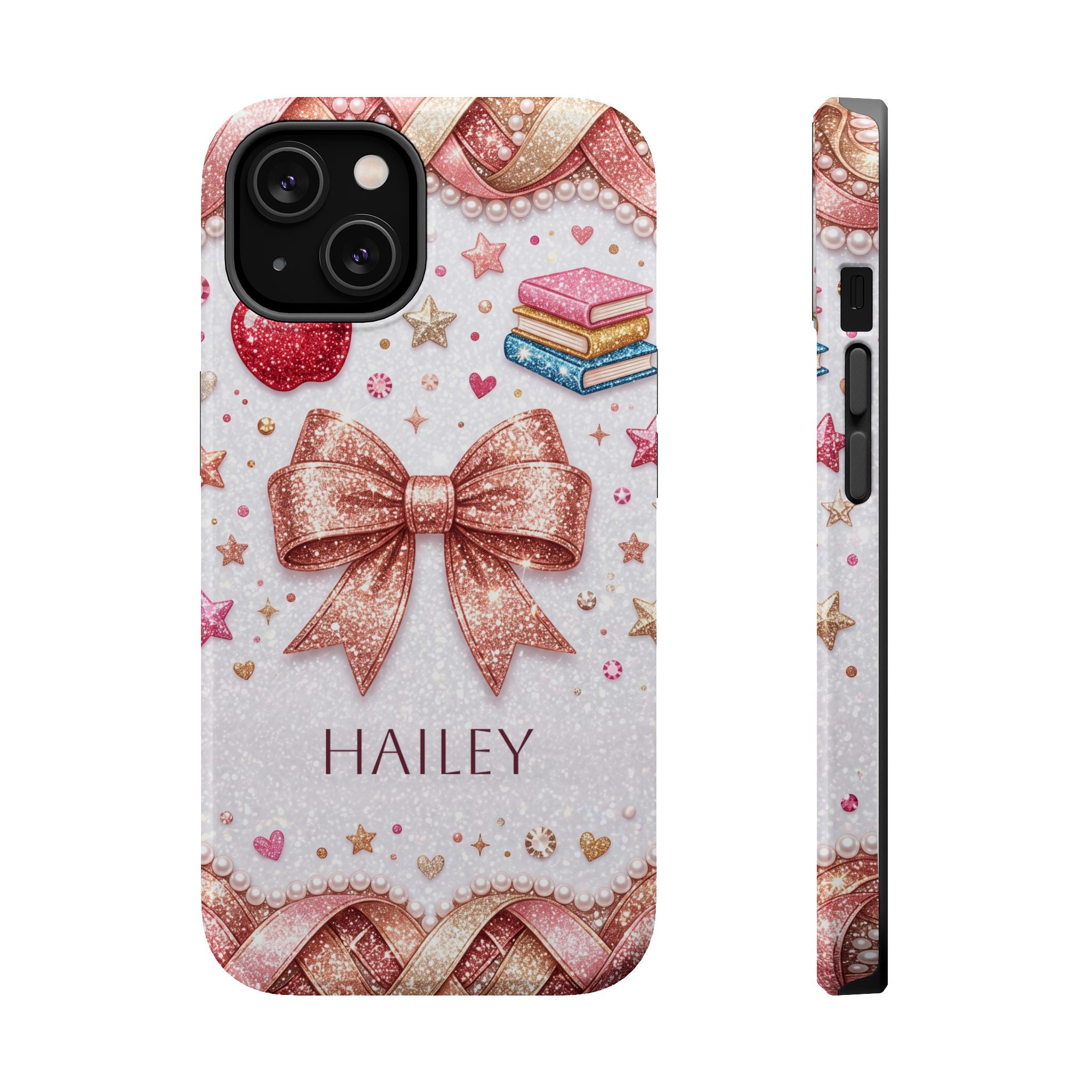 Rose Gold Glitter Bow Personalized Teacher Phone Case — Wireless Charging Cover